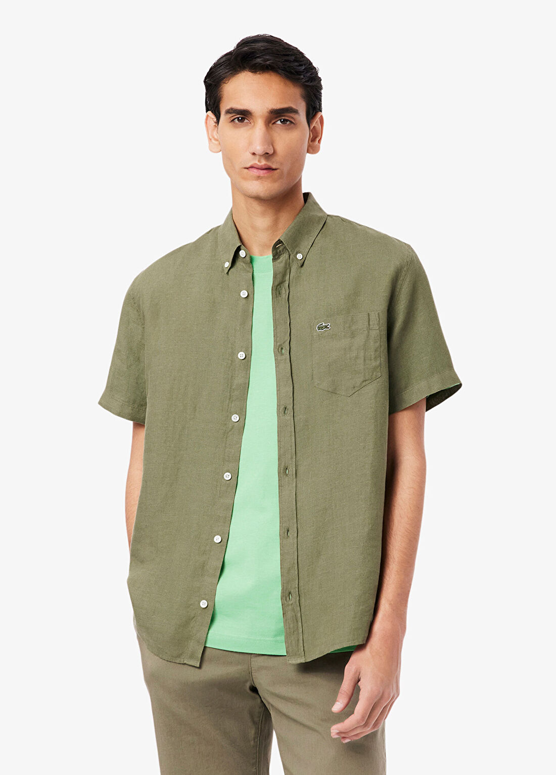 Lacoste Haki Keten Düğmeli Yaka Regular Fit Kısa Kollu Erkek Gömlek