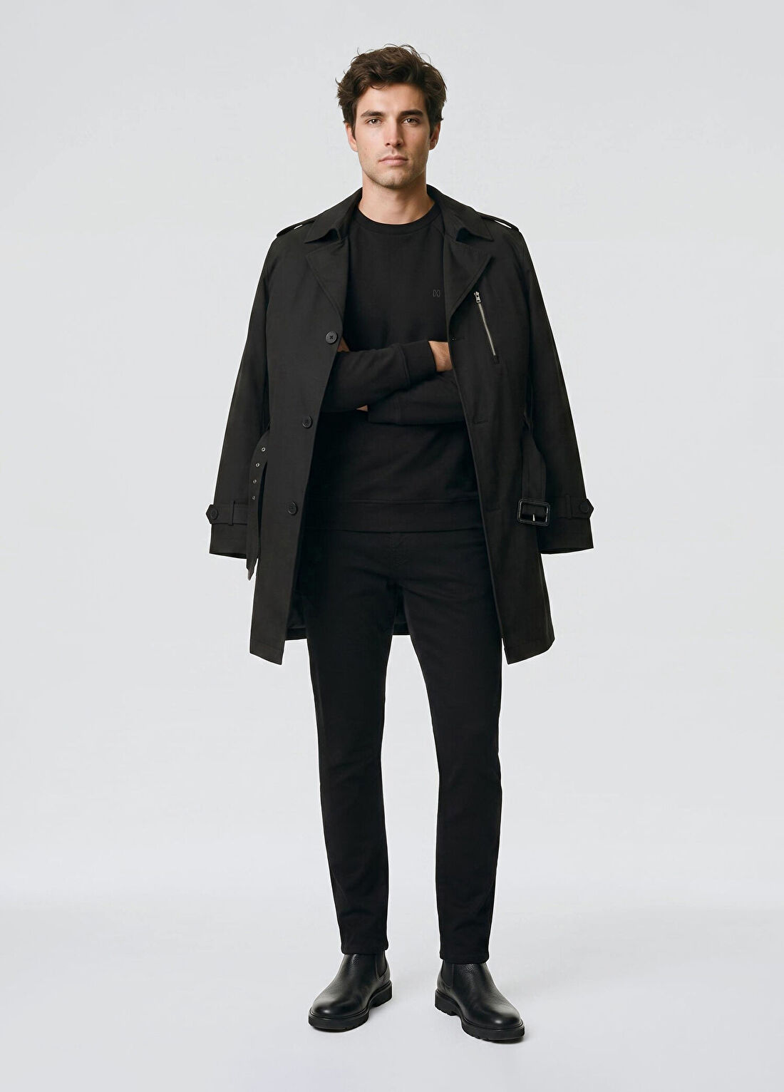 Network Slim Fit Siyah Mono Kapamalı Kuşaklı Pardösü görsel 2