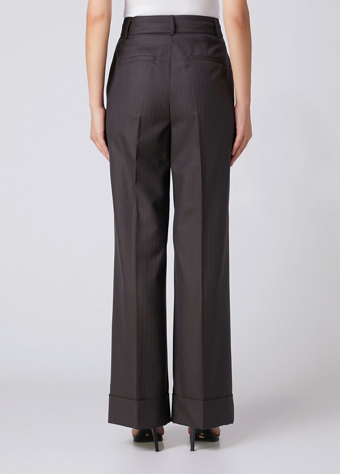 Beymen Collection Kahverengi Çizgili Wide Leg Yün Pantolon görsel 4