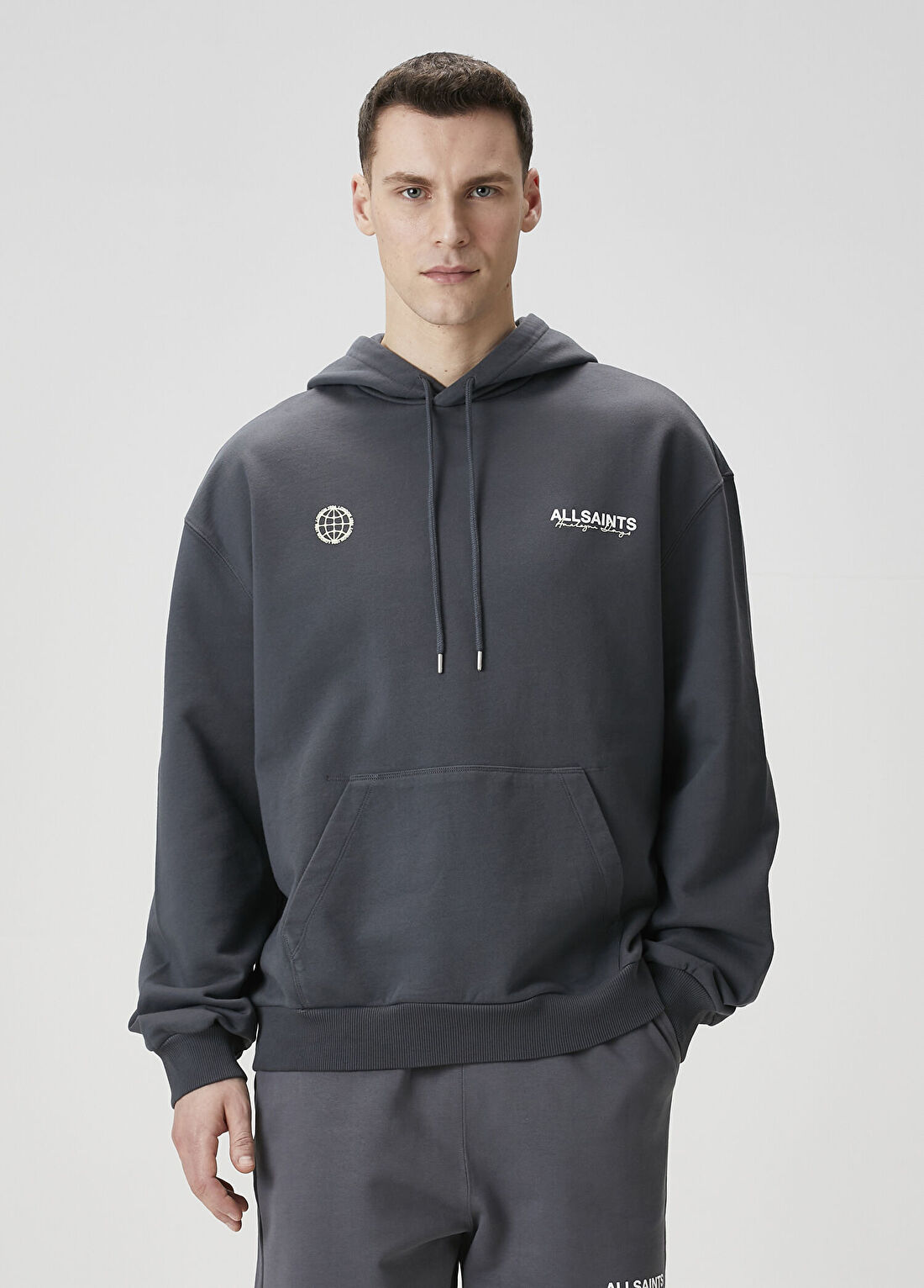 AllSaints Emblem Antrasit Kapüşonlu Oversized Sweatshirt