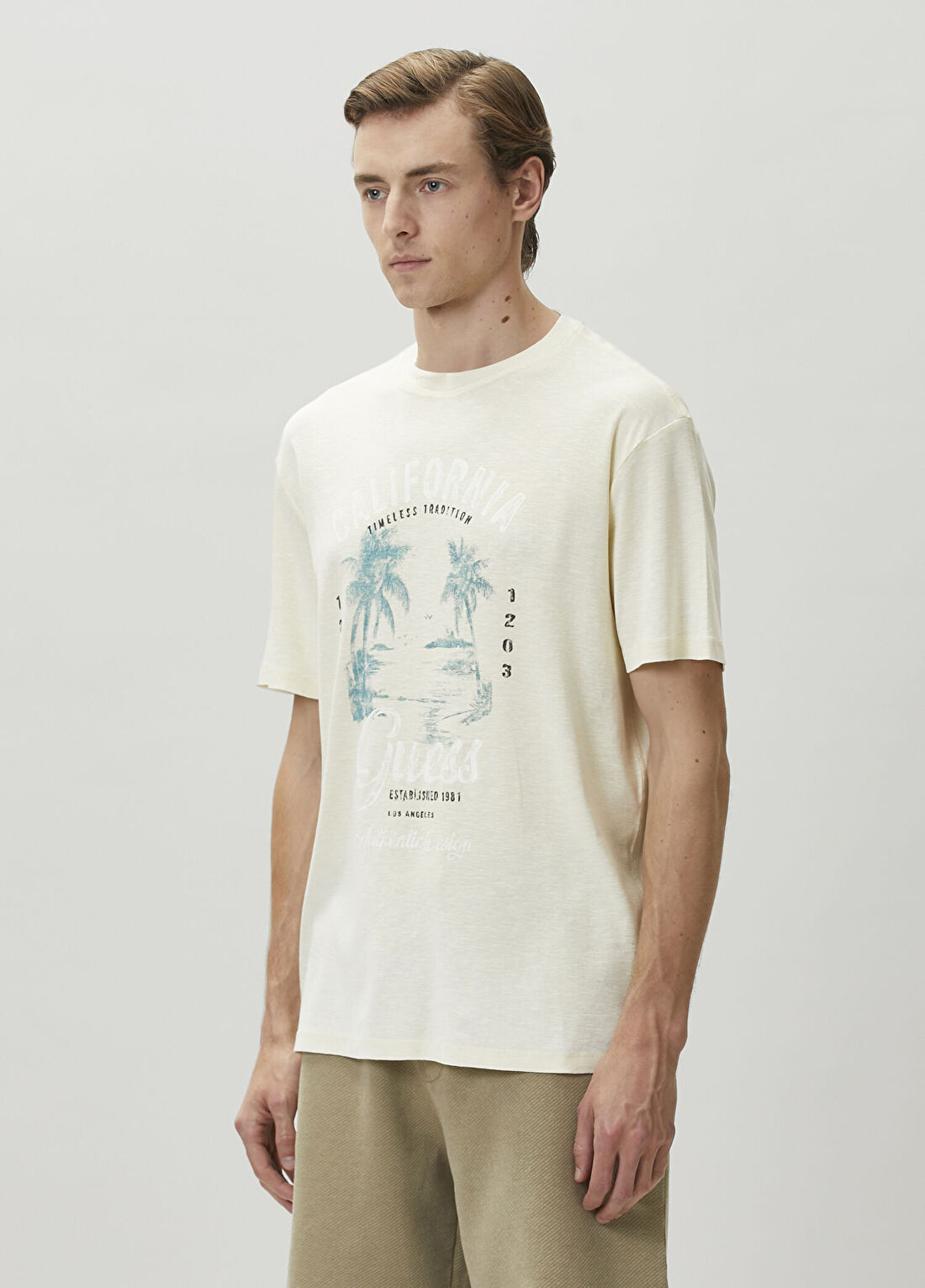 Guess Regular Fit Slub Sarı T-shirt görsel 3