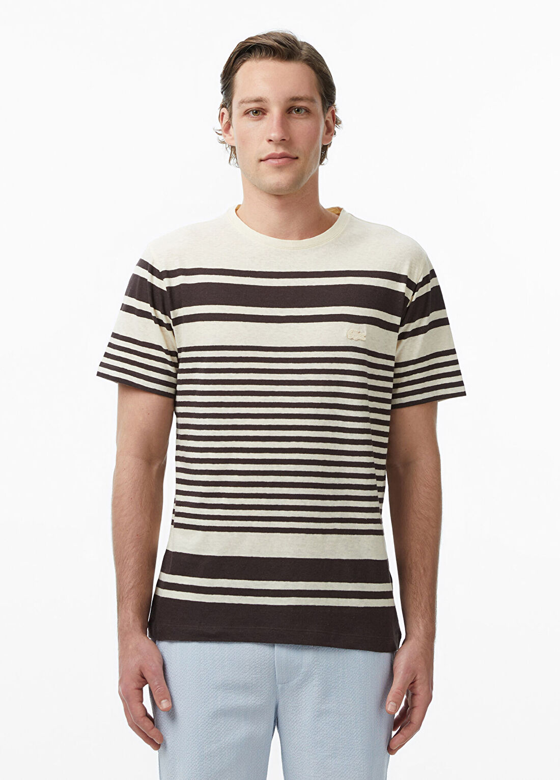 Lacoste Kahverengi Çizgili Regular Fit Bisiklet Yaka Kısa Kollu Erkek T-Shirt