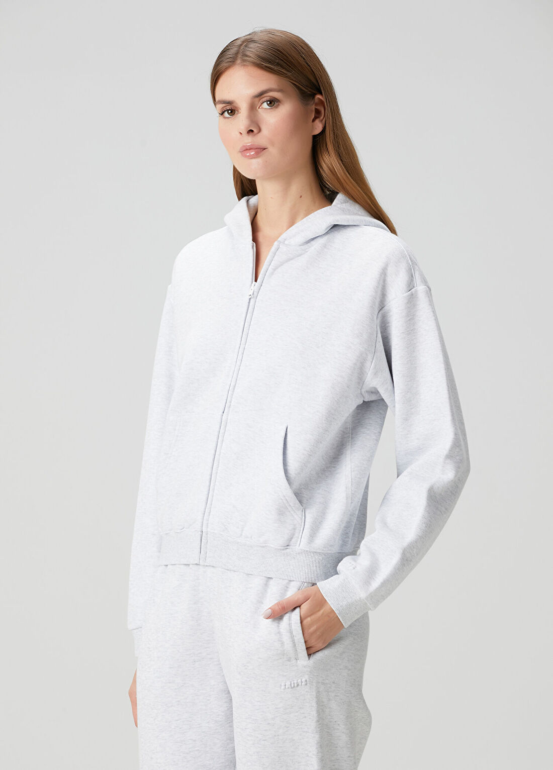 Skims Classic Gri Kapüşonlu Fermuarlı Sweatshirt
