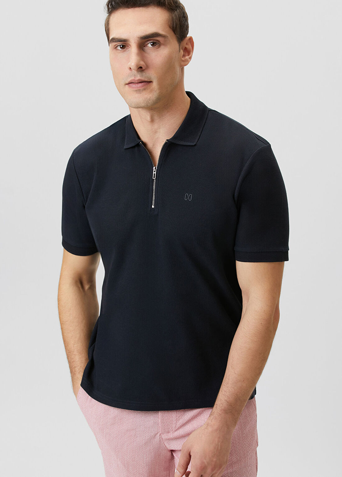 Network Lacivert Fermuarlı Polo Yaka Jakarlı T-shirt görsel 4
