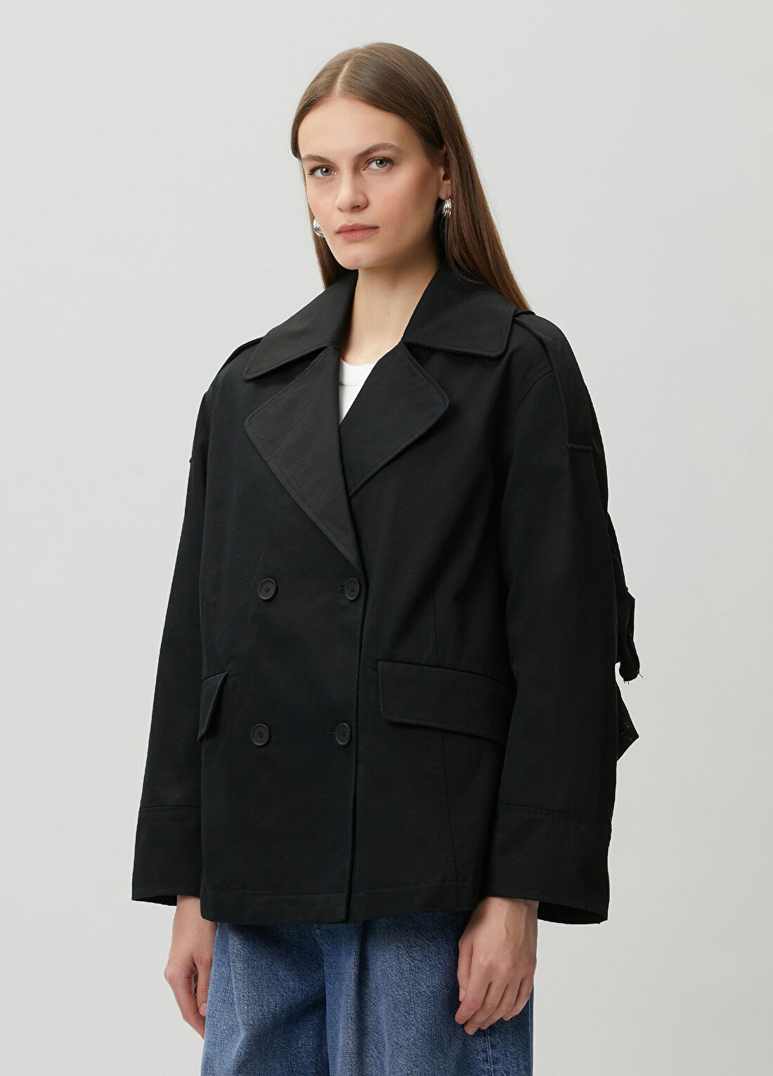 AllSaints Connie Relaxed Fit Siyah Kruvaze Pardösü