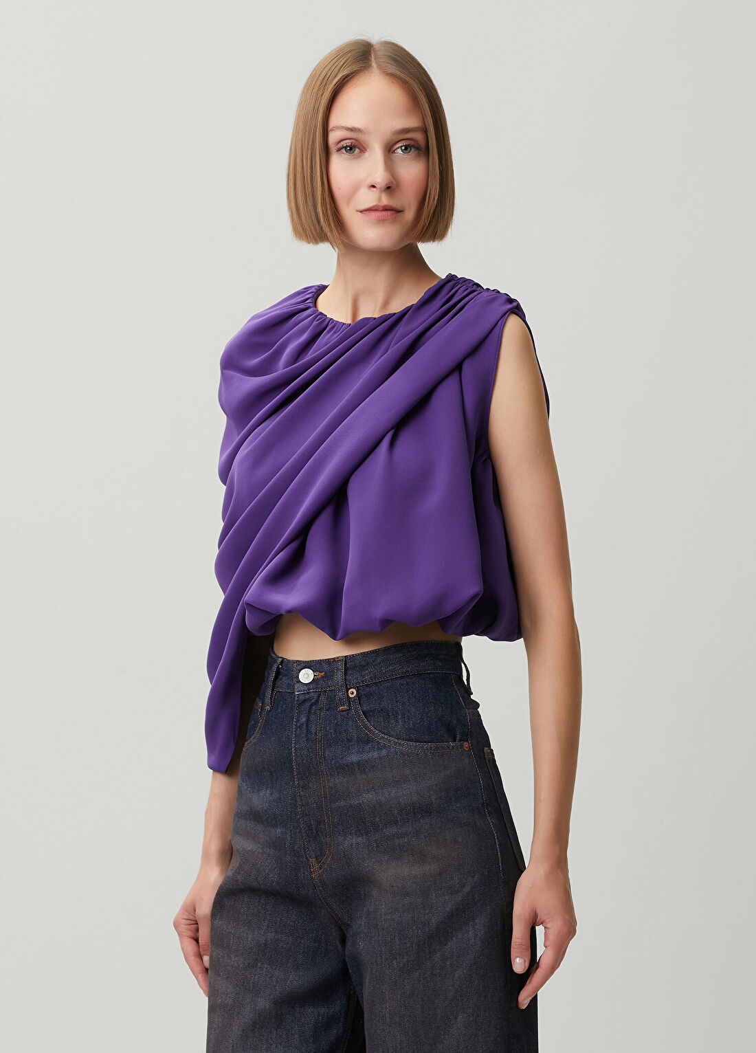 Balenciaga Mor Drapeli İpek Bluz