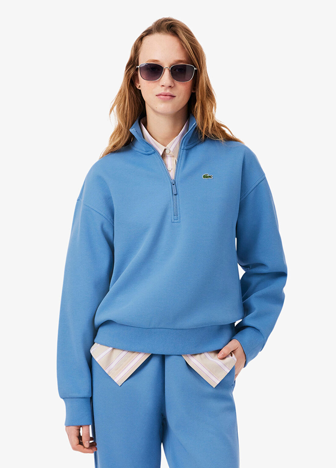Lacoste Mavi Relaxed Fit Yarım Fermuarlı Uzun Kollu Kadın Sweatshirt