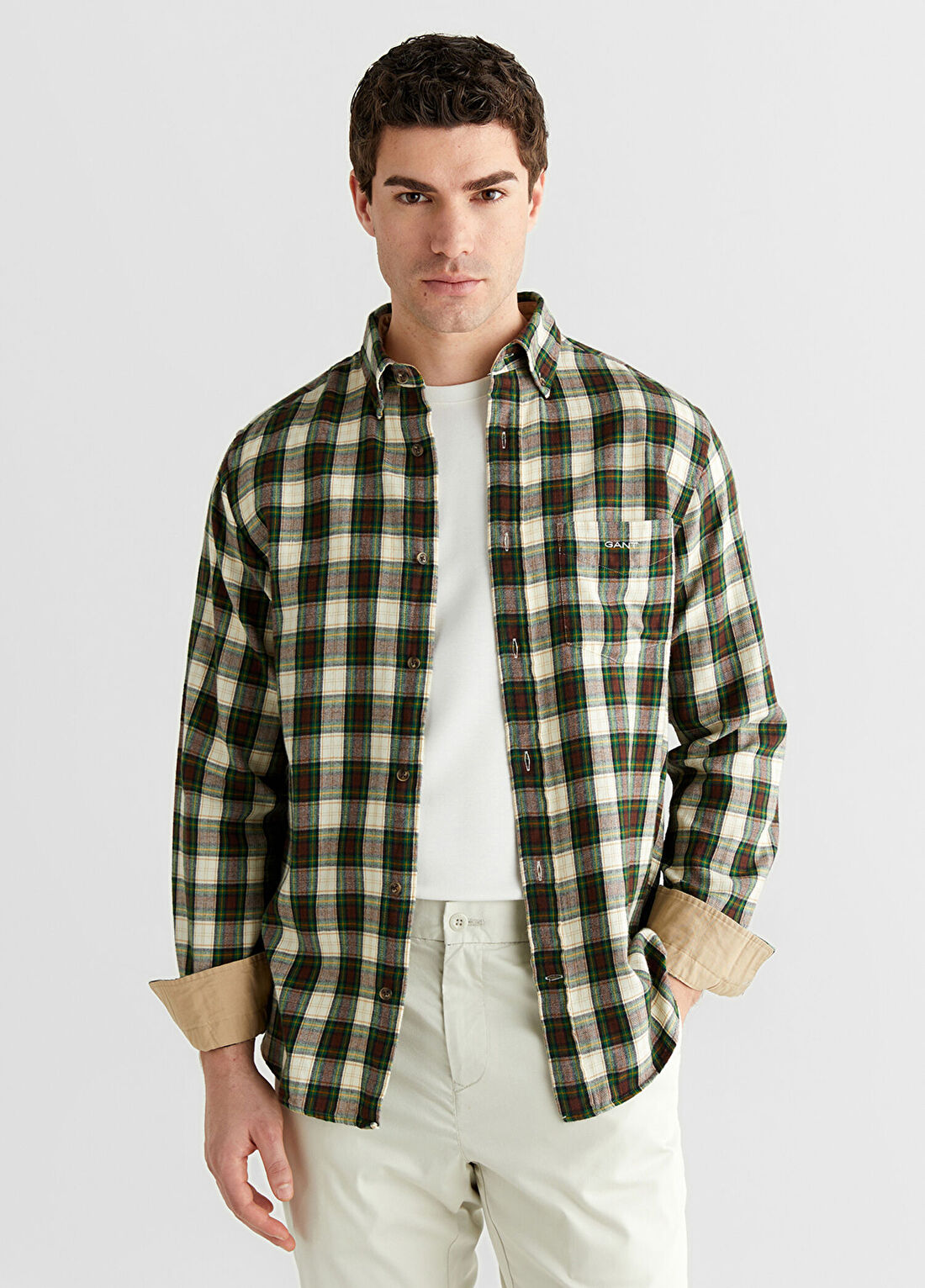 Gant Krem Rengi Kareli Regular Fit Düğmeli Uzun Kollu Erkek Gömlek