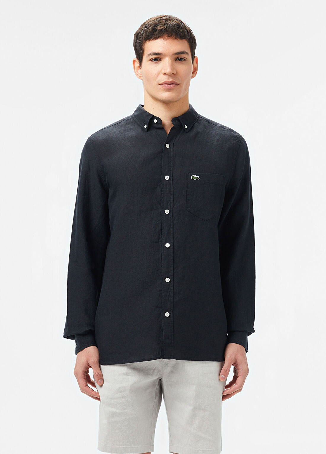 Lacoste Siyah Keten Düğmeli Yaka Regular Fit Uzun Kollu Erkek Gömlek