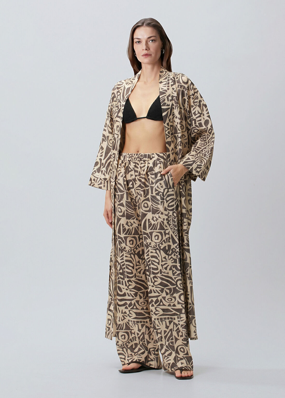 Beymen Collection Kahverengi Krem Geometrik Desenli Keten Pantolon