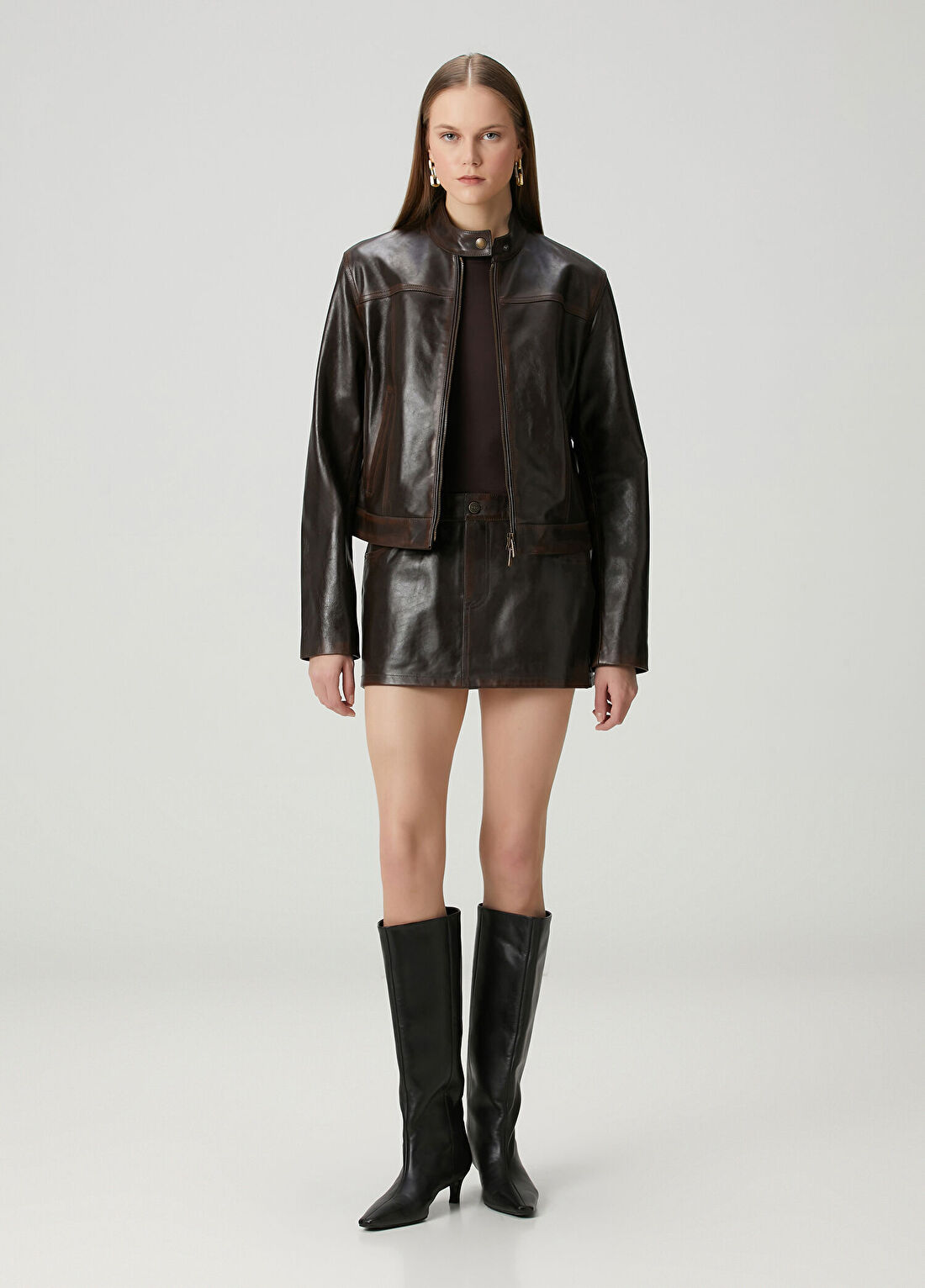 7 For All Mankind Koyu Kahverengi Mini Deri Etek