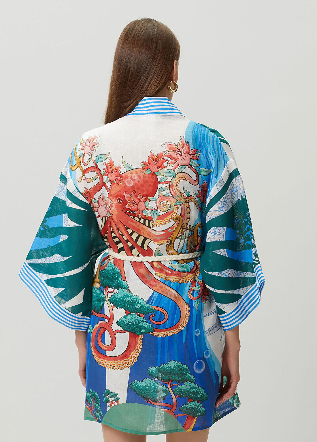 Jaquette Eva Demi Mavi Keten Kimono görsel 4