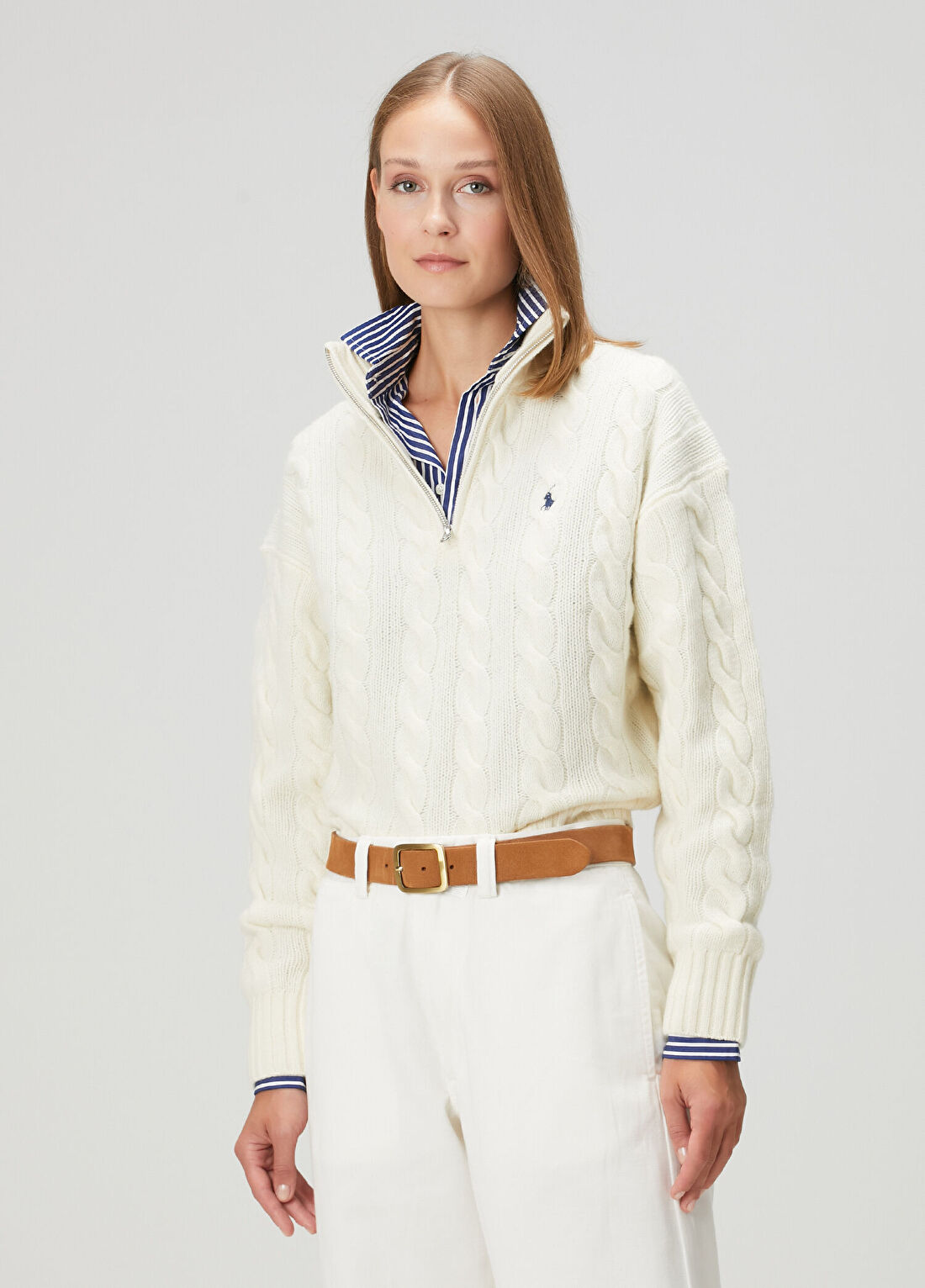 Polo Ralph Lauren Krem Fermuarlı Saç Örgü Yün Kazak