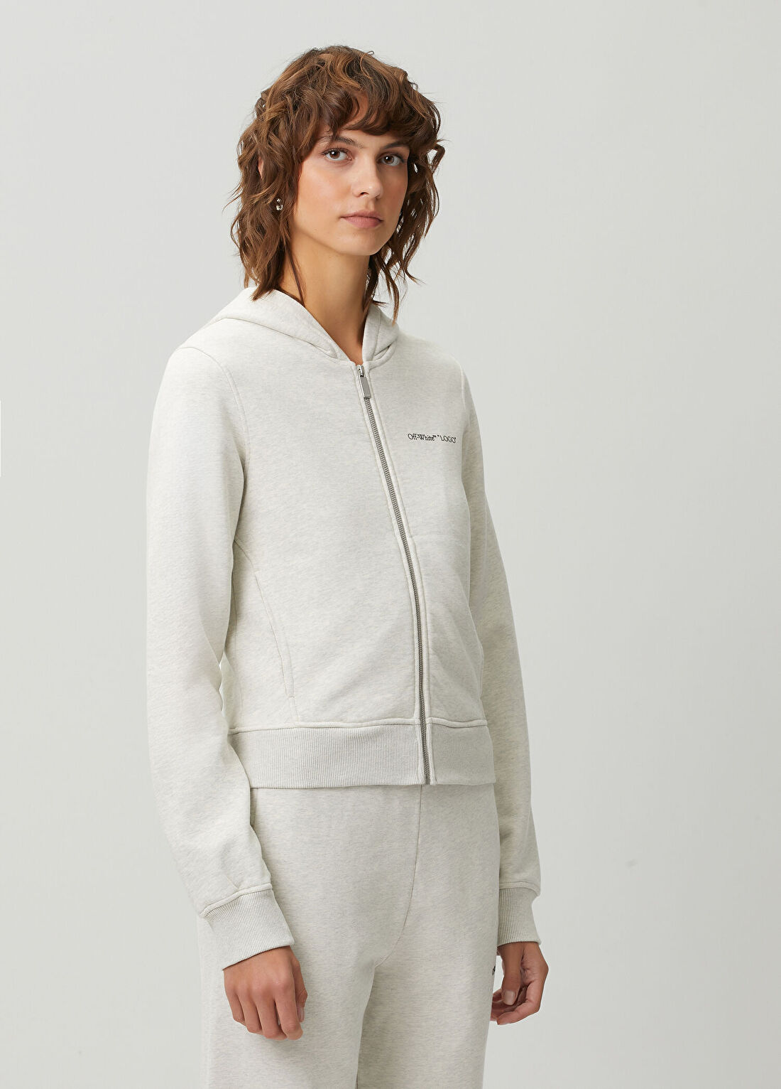 Off-White Gri Kapüşonlu Fermuarlı Sweatshirt görsel 3