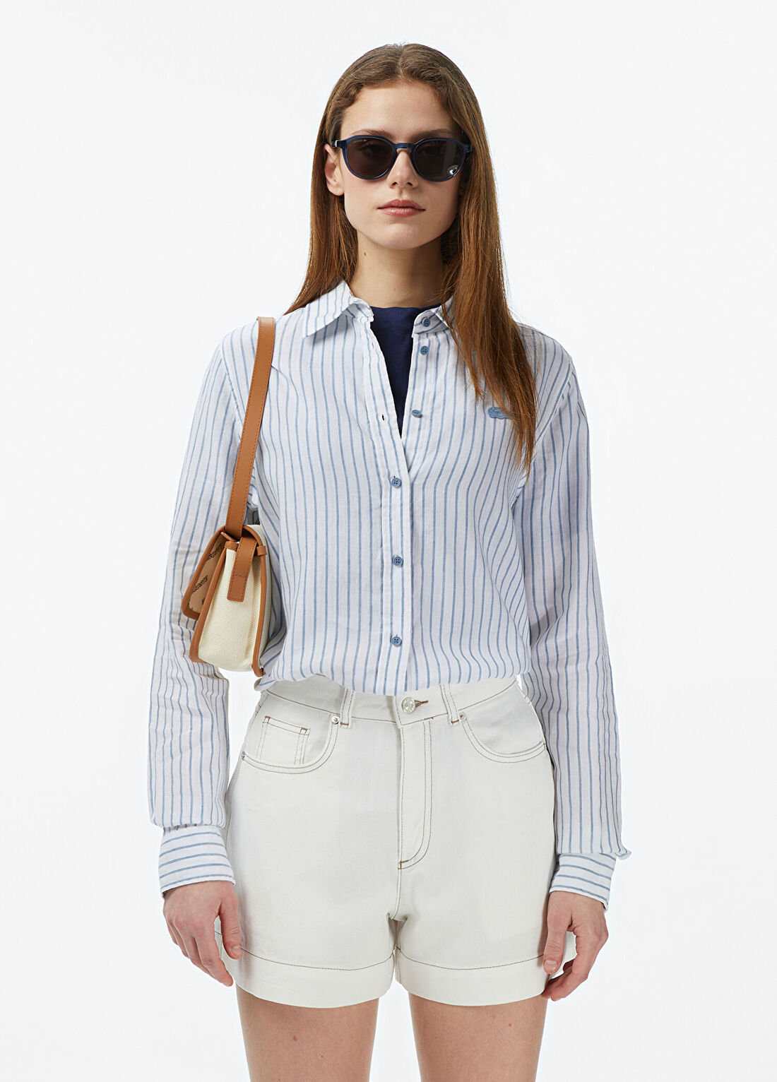 Lacoste Mavi Çizgili Keten Relaxed Fit Uzun Kollu Kadın Gömlek
