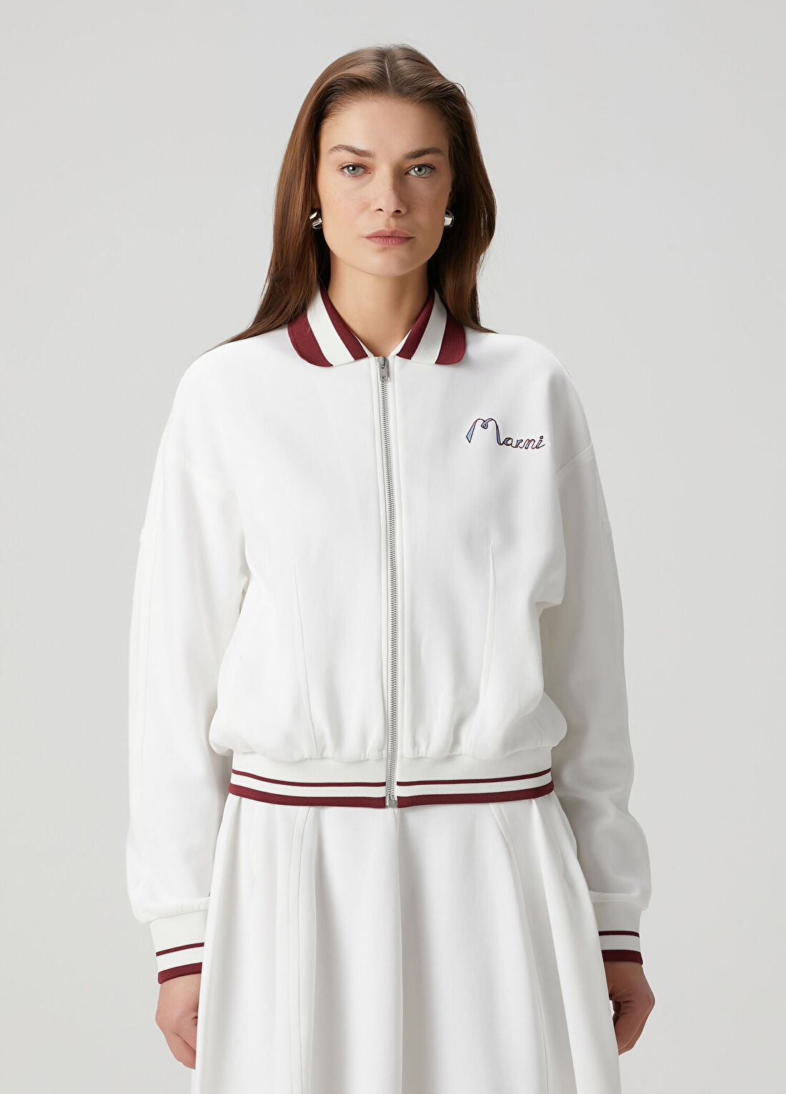 Marni Bordo Beyaz Fermuarlı Polo Sweatshirt