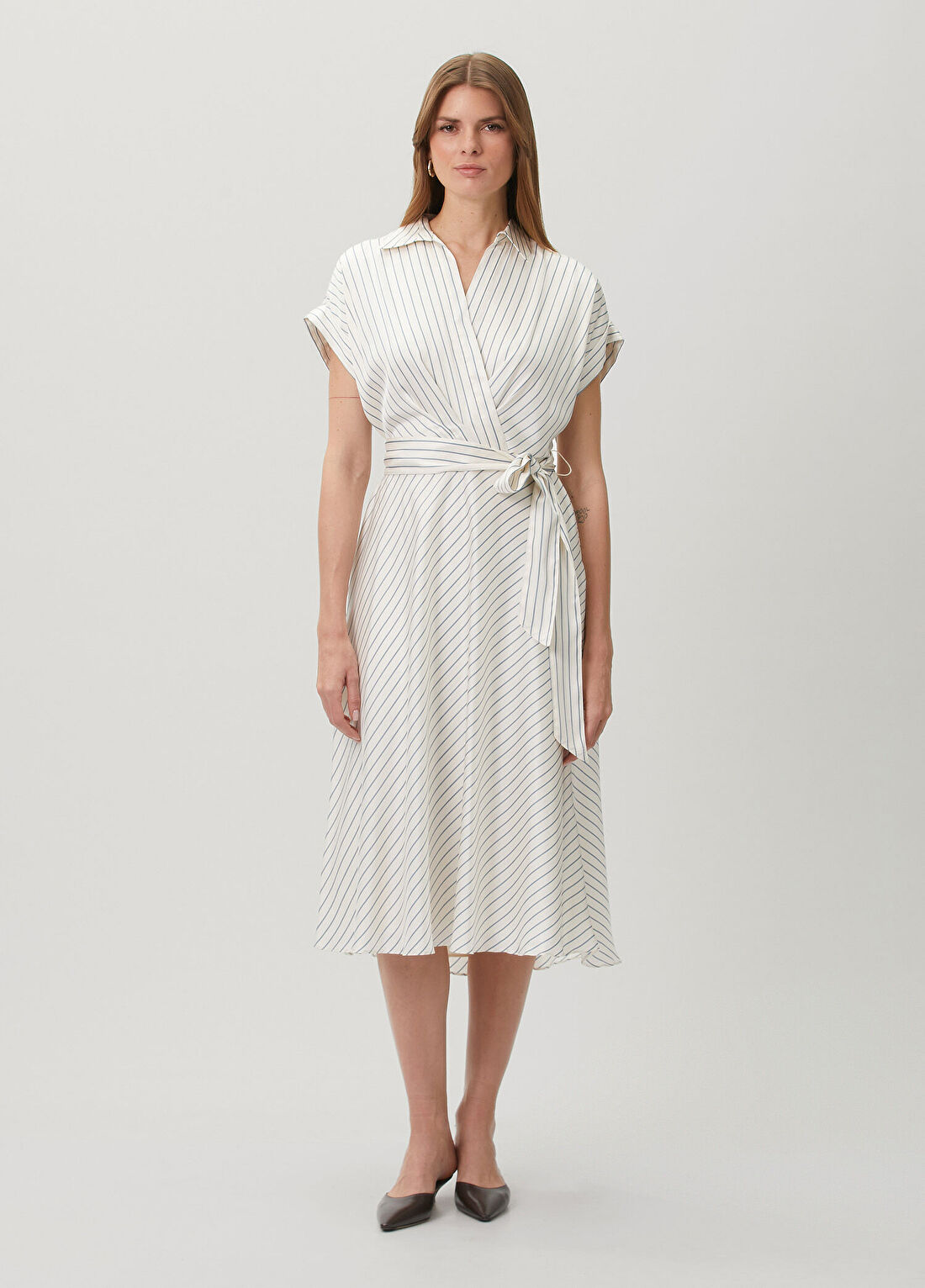 Lauren Ralph Lauren Krem Mavi Çizgili Midi Gömlek Elbise