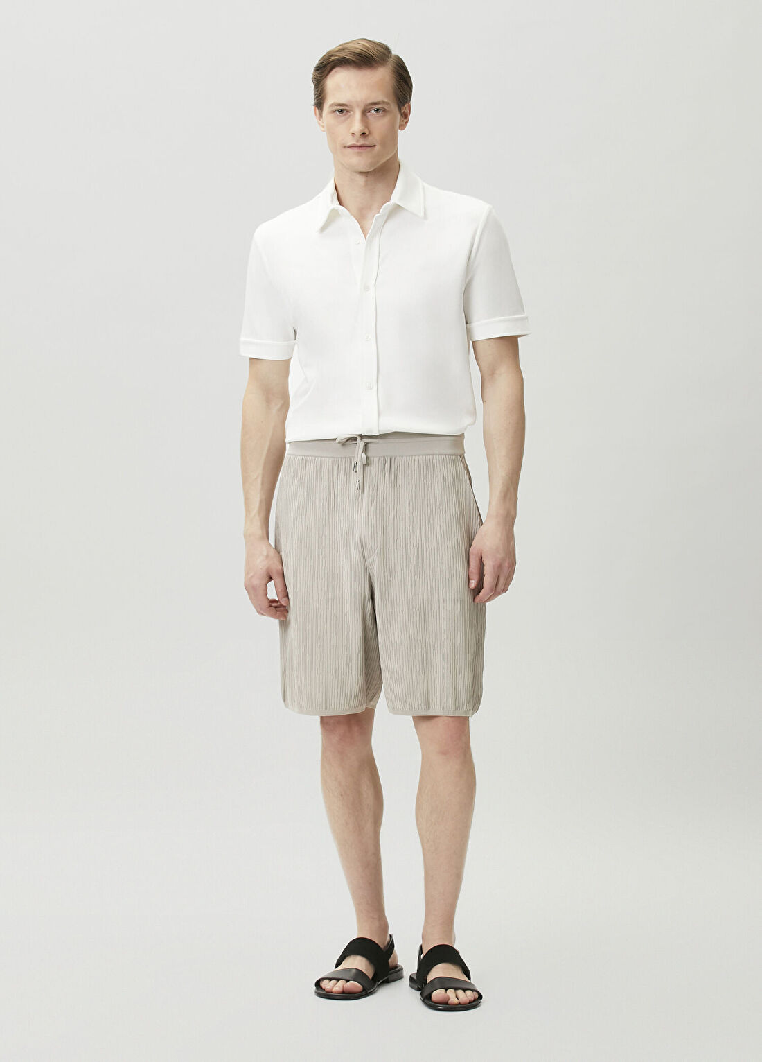 Solid Homme Bej Çizgi Dokulu Bermuda
