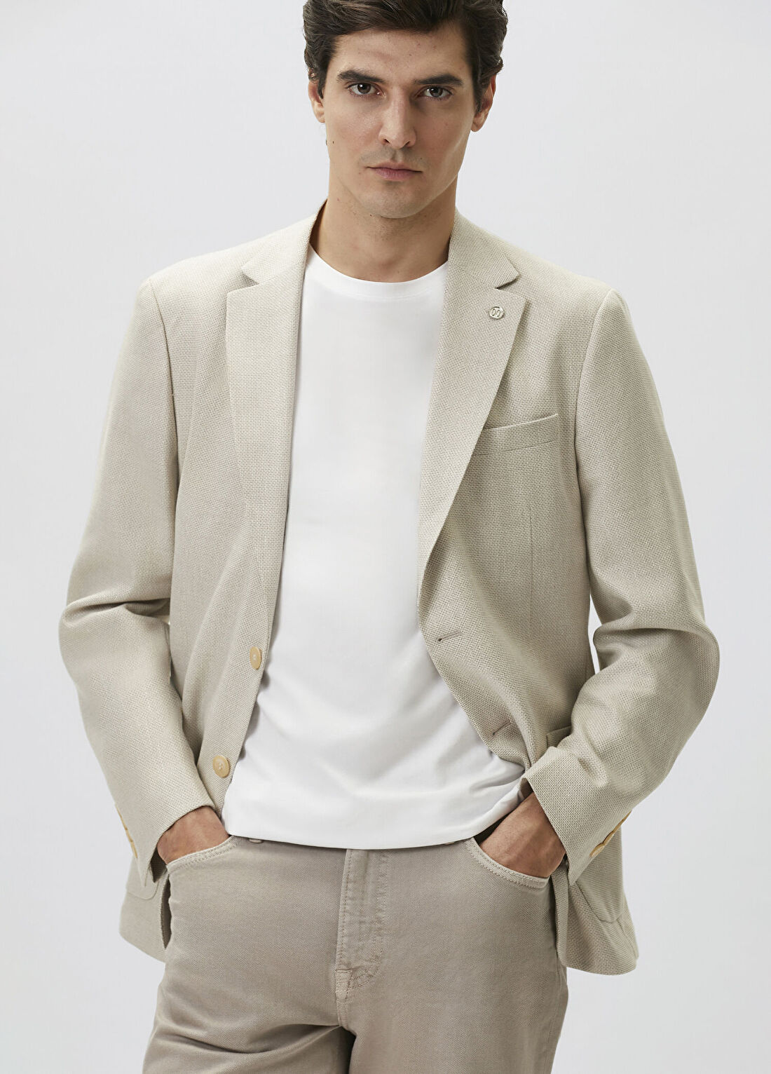 Network Slim Fit Bej Mono Yaka Jakarlı Dokuma Ceket