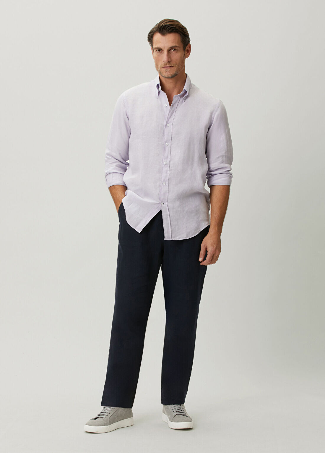 Beymen Collection Comfort Fit Lila Düğmeli Büyük Yaka Keten Gömlek görsel 3