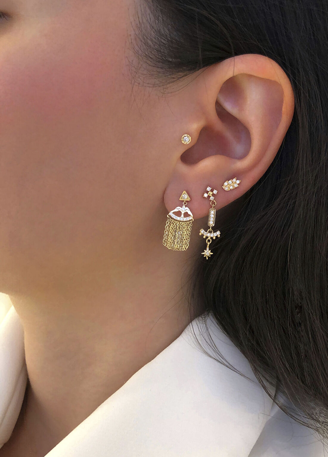 Ginza Design Jewelry Bird Triangle Pırlanta Taşlı 14 Ayar Altın Kadın Tek Küpe görsel 2