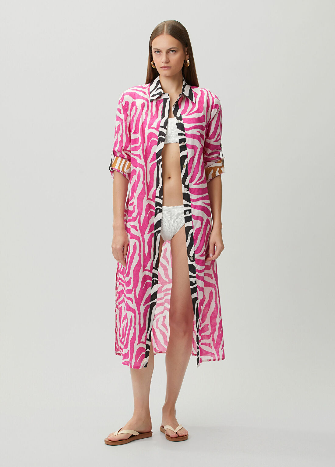 Dual Pembe Desenli Midi Elbise