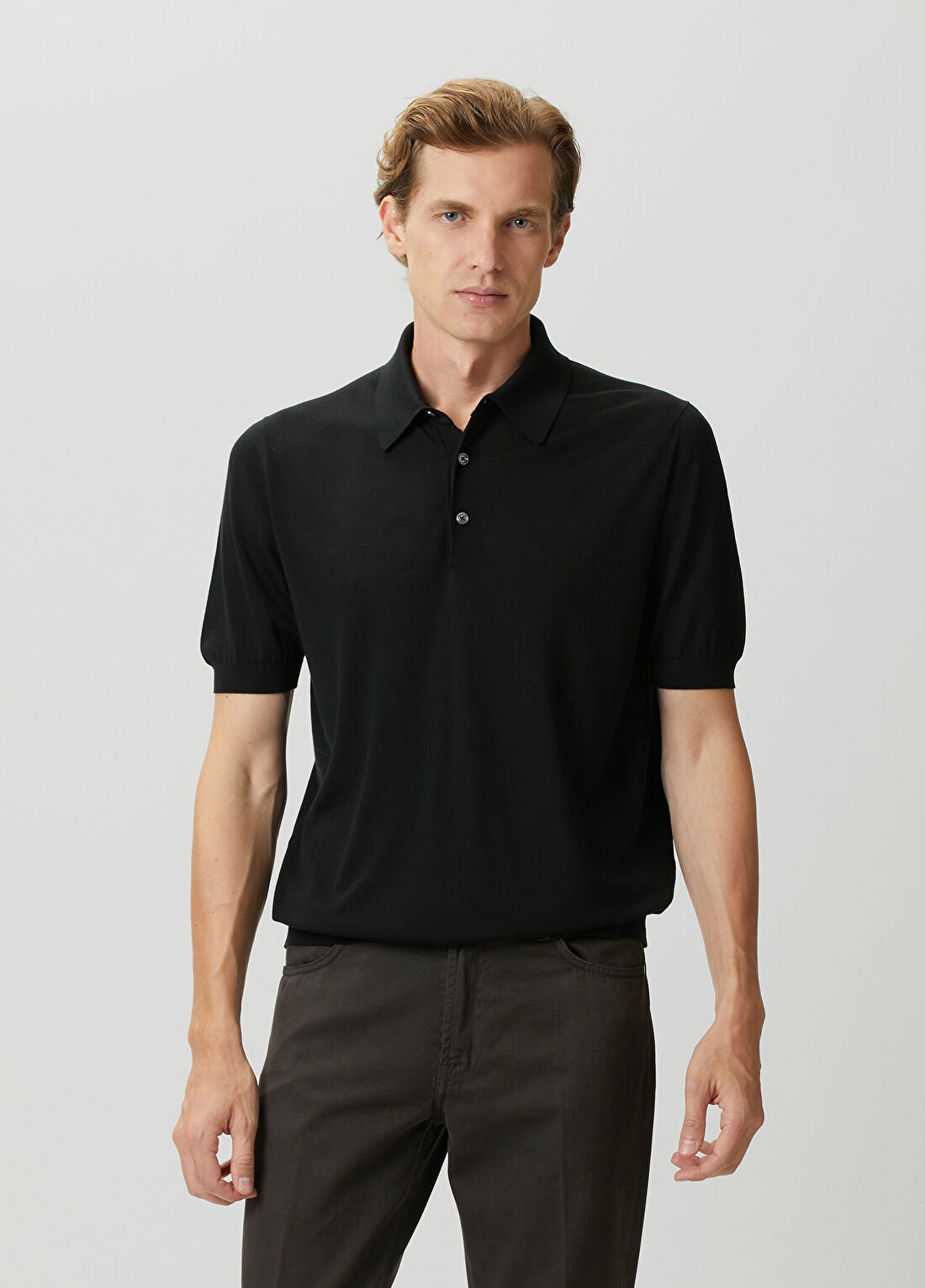 Kiton Siyah Polo Yaka Kısa Kollu Yün Triko