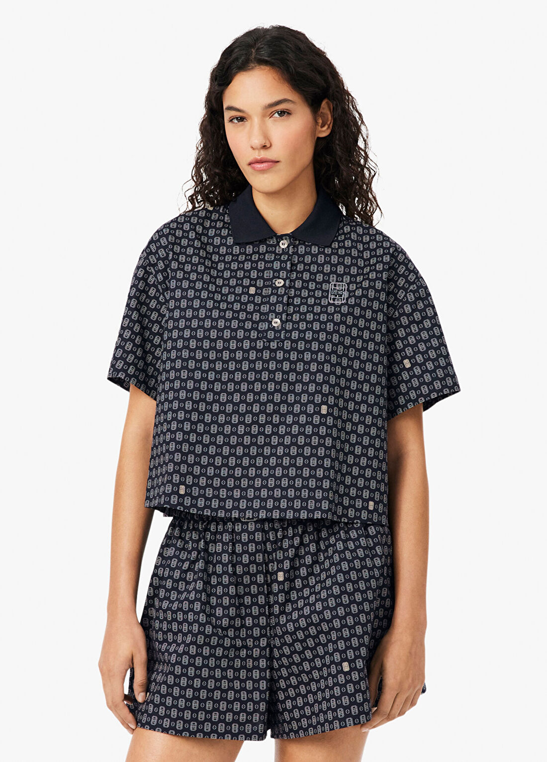 Lacoste Lacivert Desenli Oversize Fit Polo Yaka Kadın T-shirt