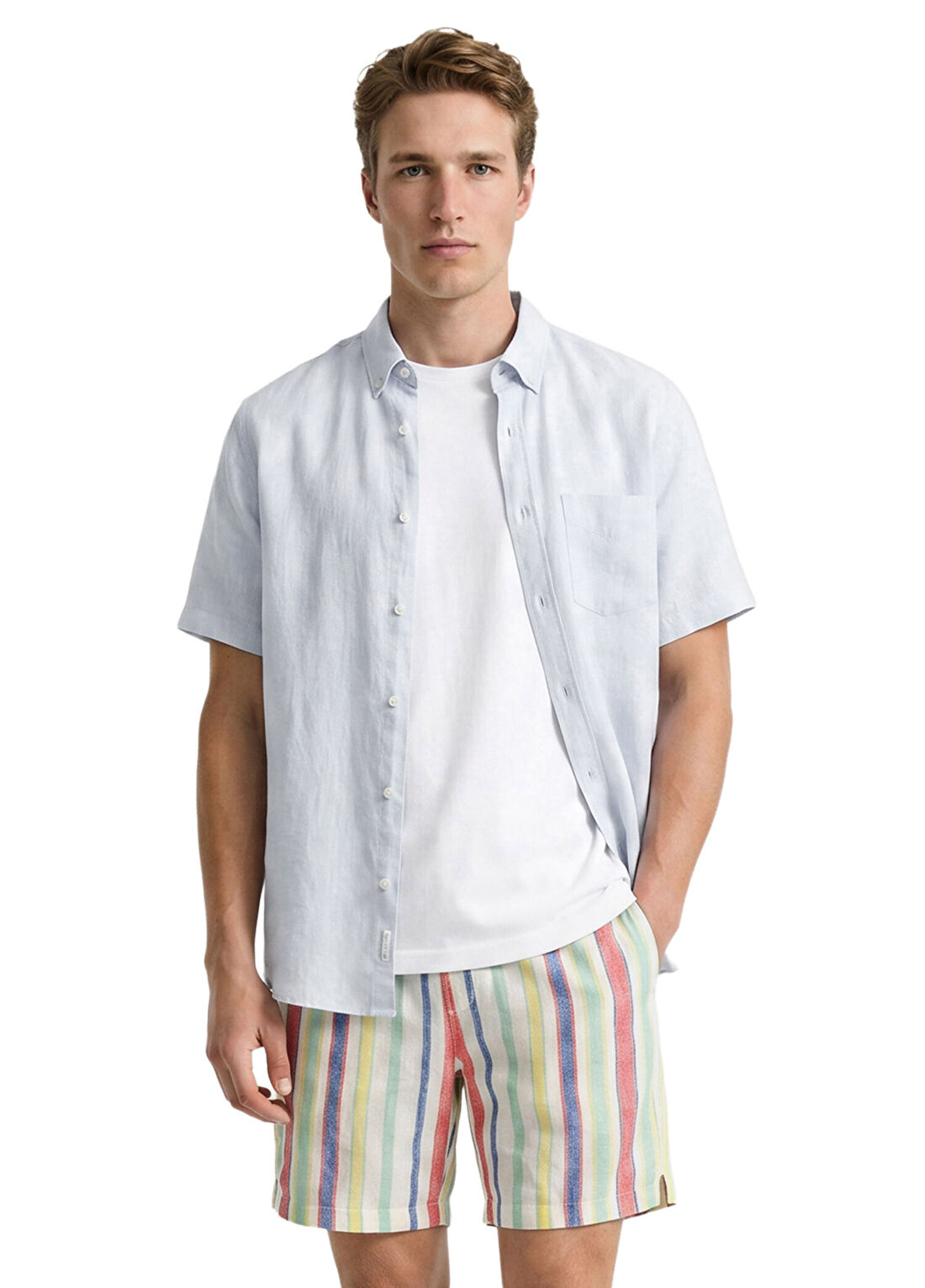 Gant Logolu Mavi Keten Düğmeli Yaka Regular Fit Kısa Kollu Erkek Gömlek