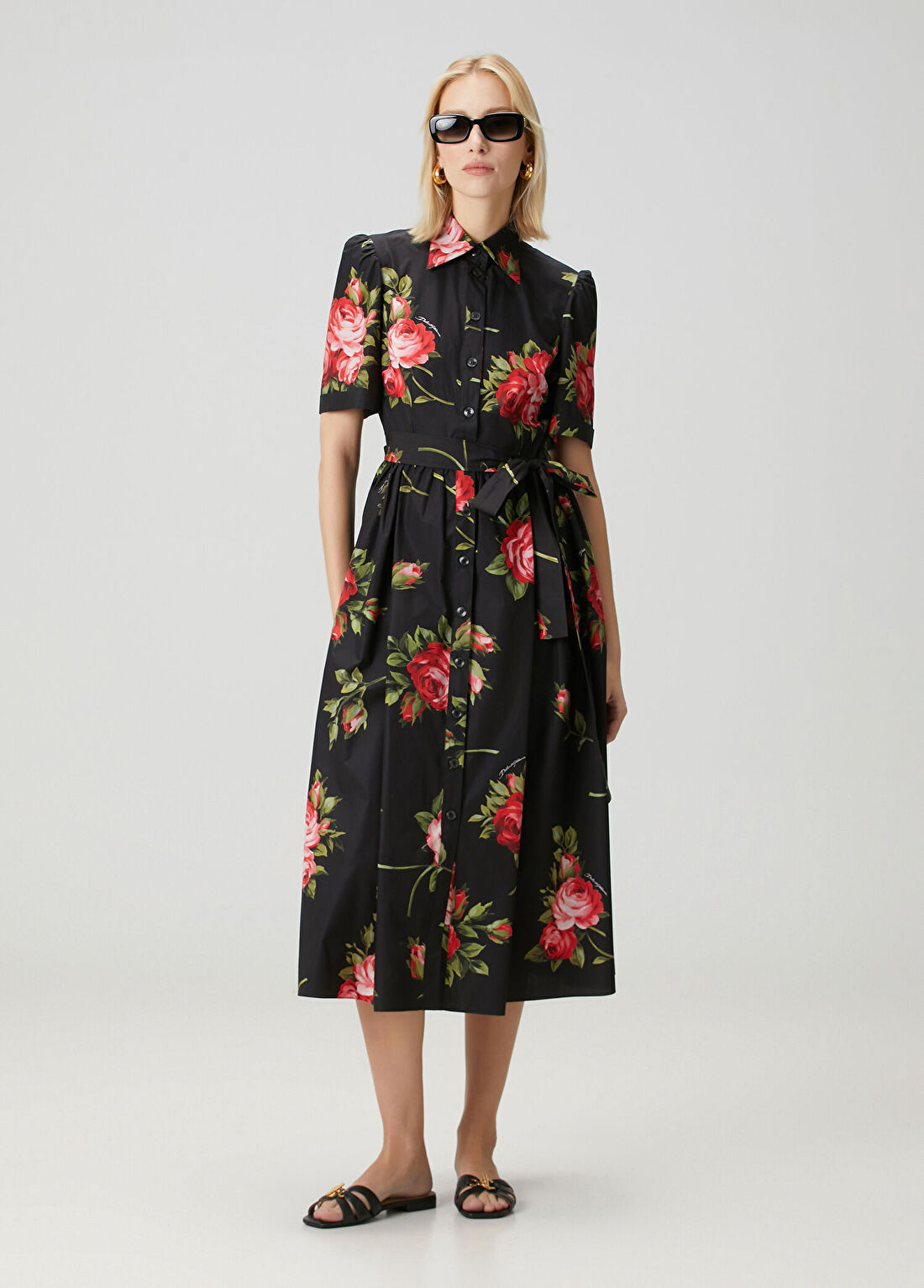 Dolce&Gabbana Siyah Çiçekli Midi Poplin Gömlek Elbise