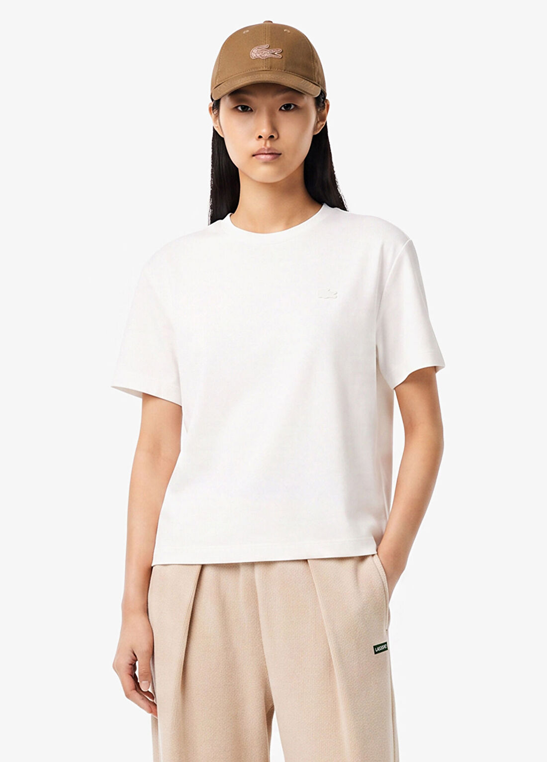 Lacoste Beyaz Bisiklet Yaka Loose Fit Kısa Kollu Kadın T-Shirt