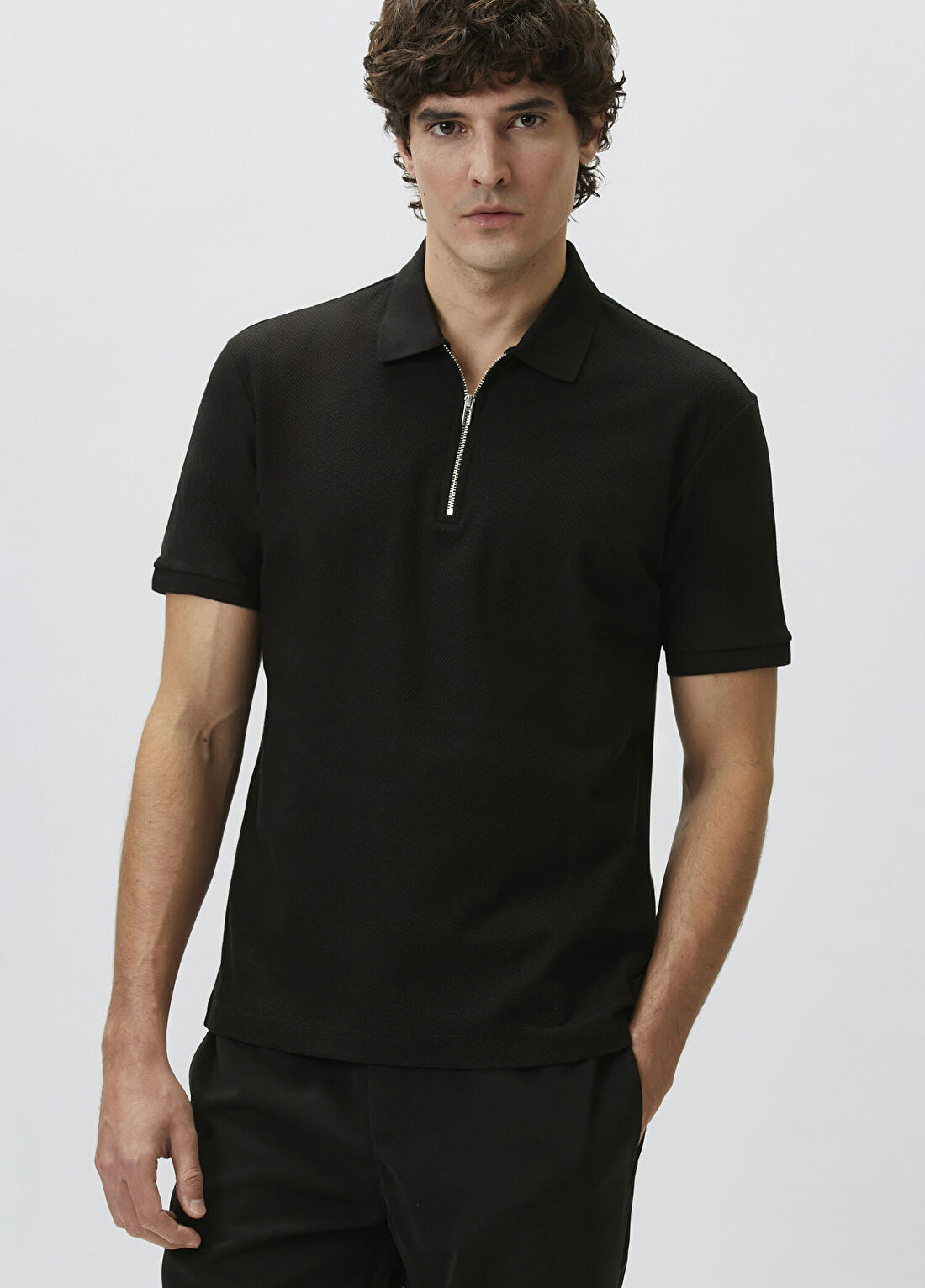 Network Slim Fit Siyah Fermuarlı Polo Yaka Jakarlı T-shirt