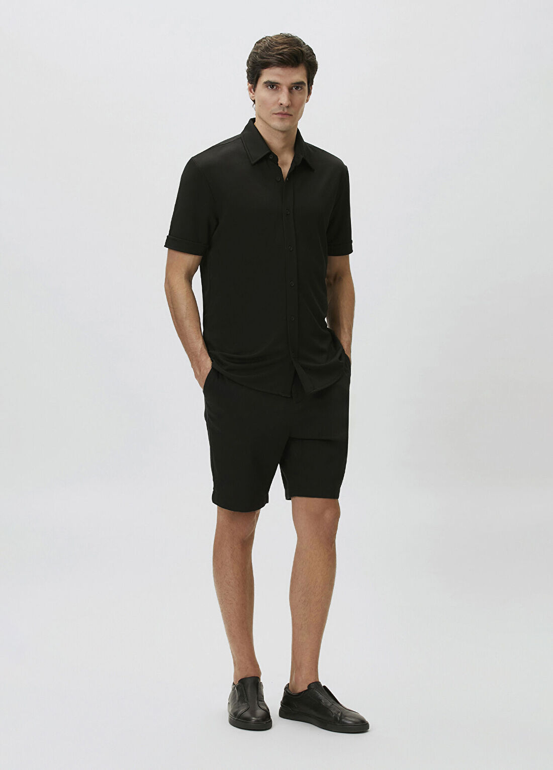 Network Slim Fit Siyah Kısa Kol Örme Gömlek