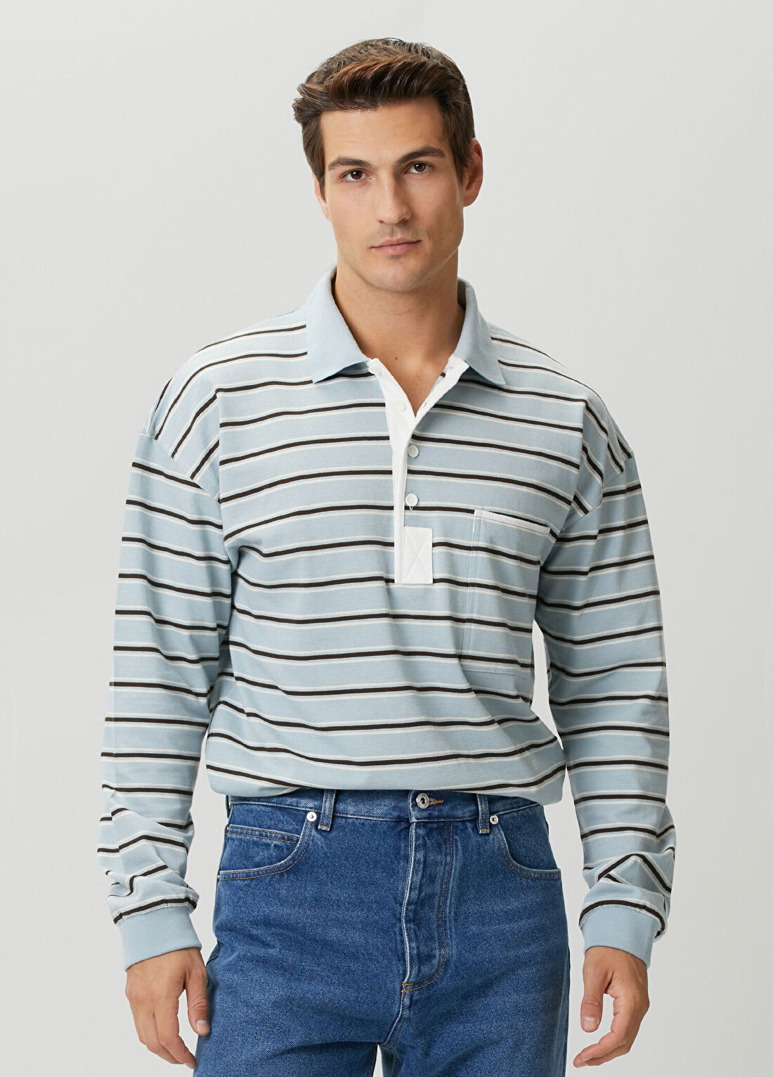 Bottega Veneta Açık Mavi Polo Yaka Çizgili Sweatshirt