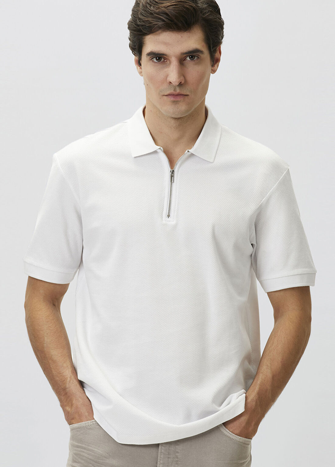 Network Slim Fit Beyaz Fermuarlı Polo Yaka Jakarlı T-shirt