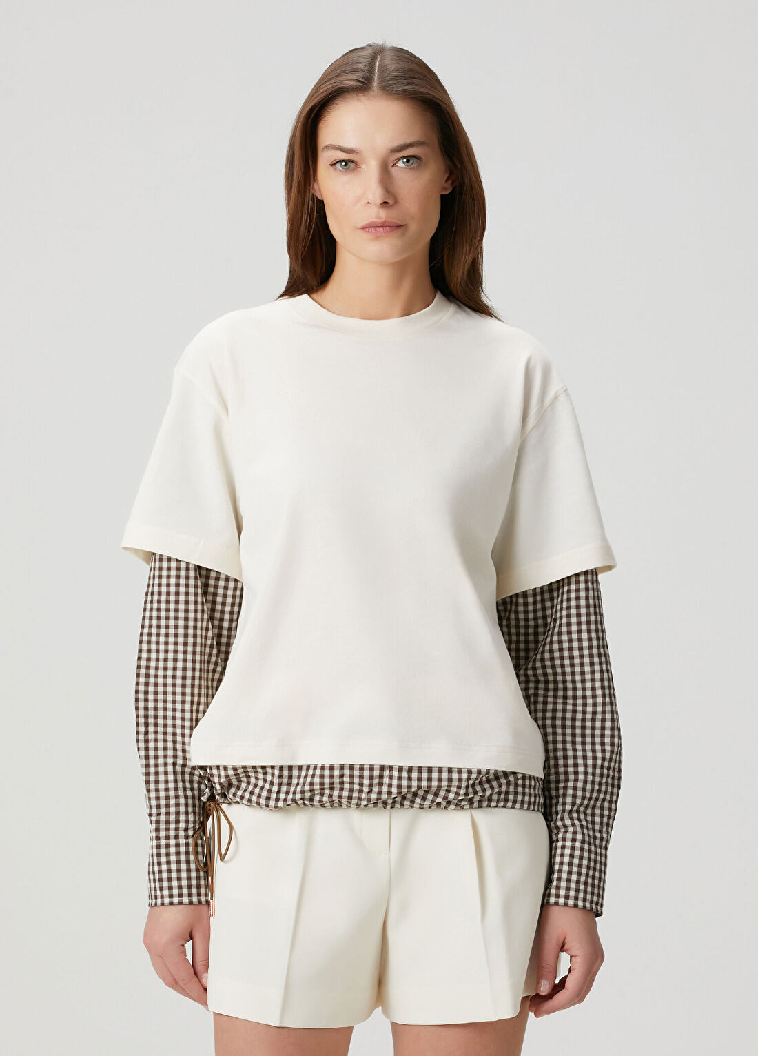 Moncler Ekru Kahve Pötikareli Uzun Kol T-shirt