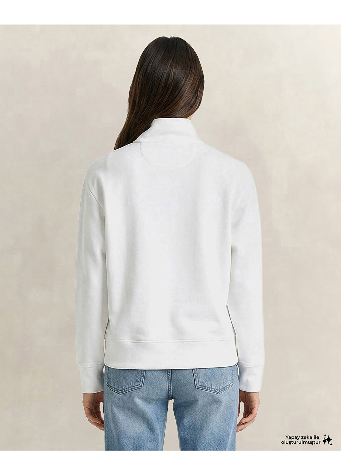Gant Krem Rengi Yarım Fermuarlı Relaxed Fit Kadın Sweatshirt görsel 3