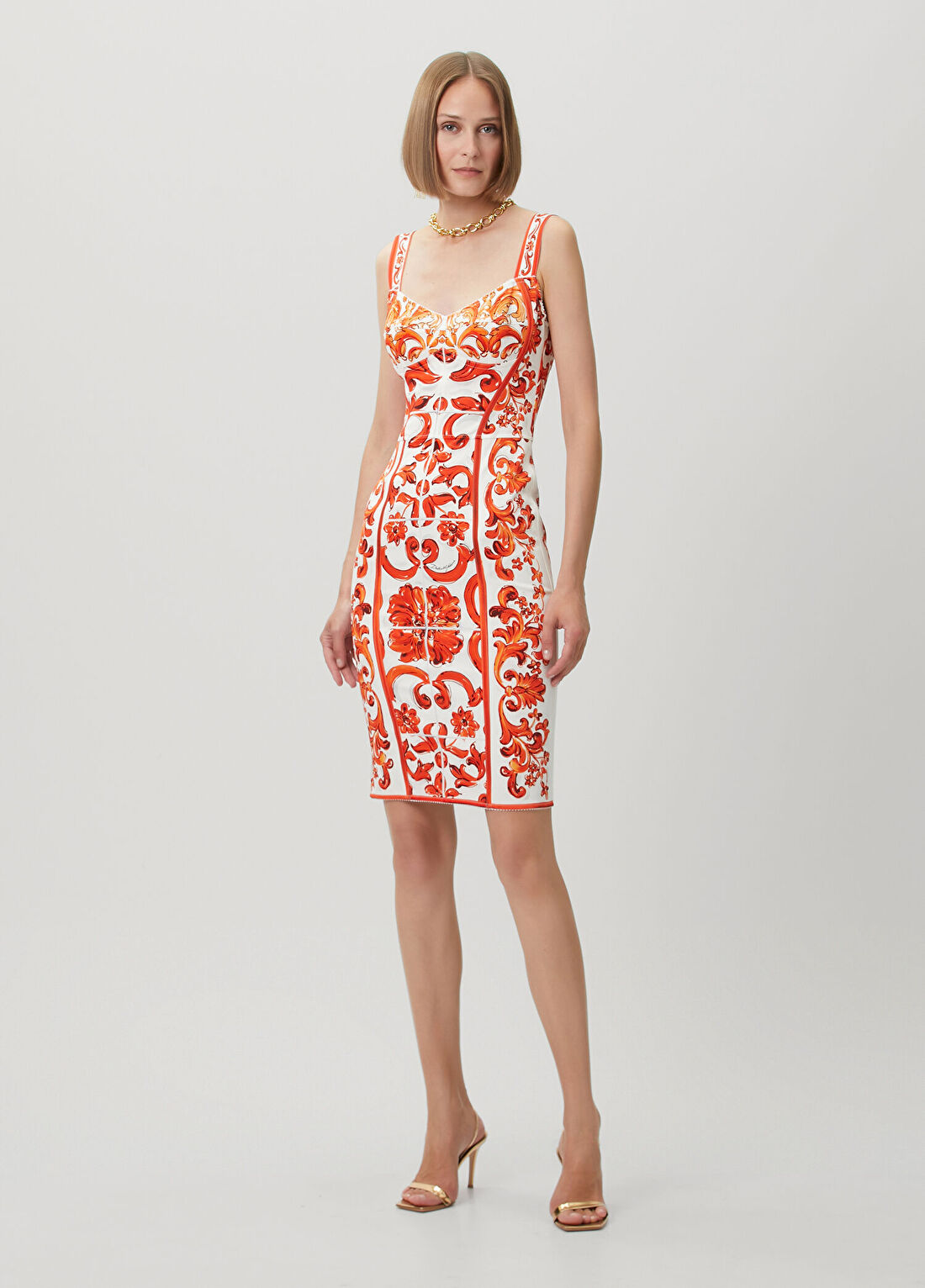 Dolce&Gabbana Majolica Turuncu Beyaz Desenli Midi Elbise