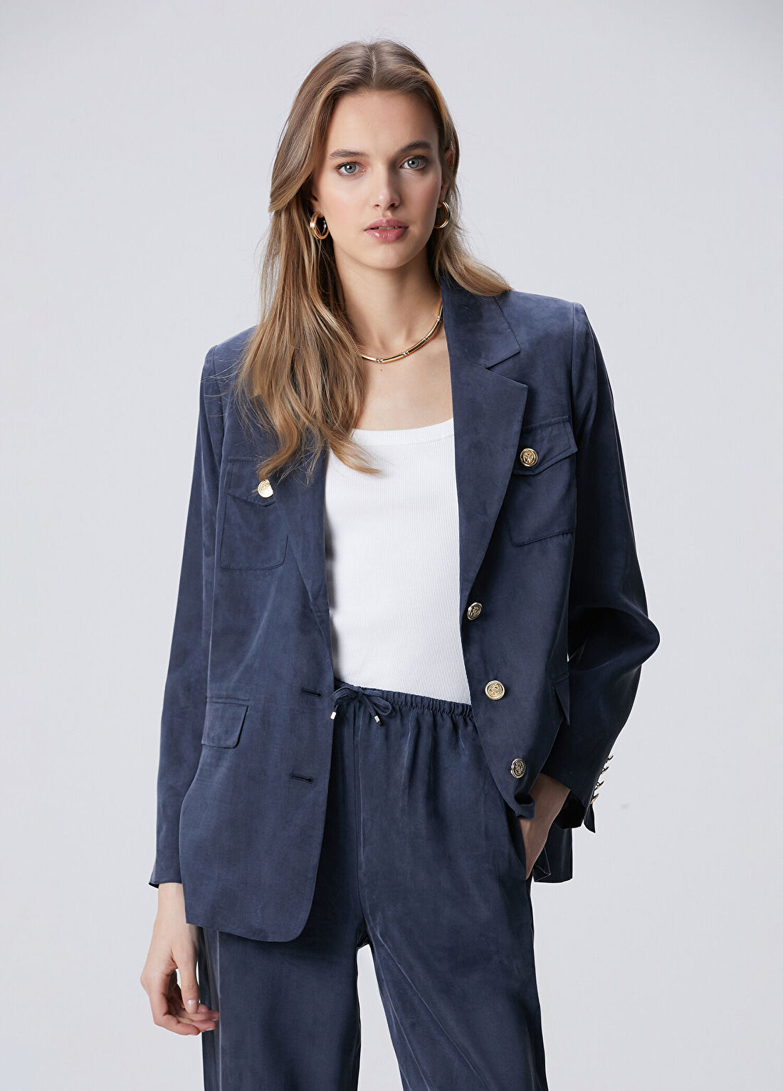 Network Lacivert Cupro Blazer Ceket