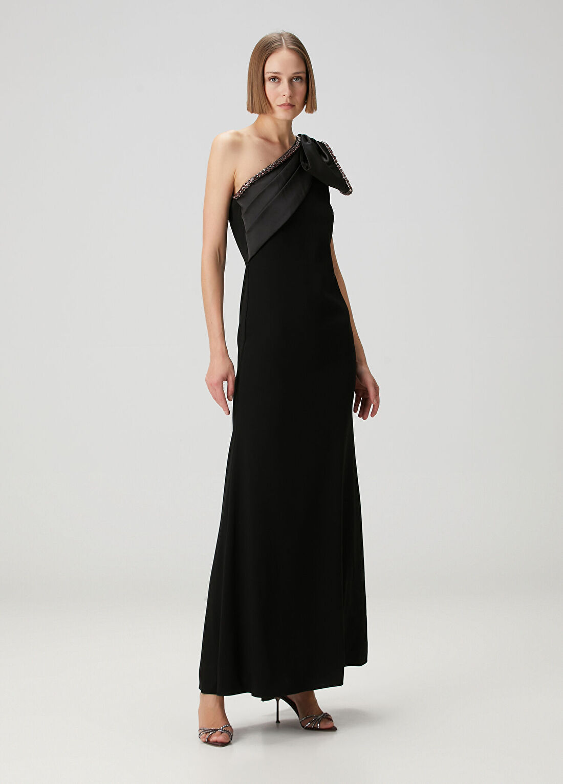 Roland Mouret Siyah Maksi Saten Krep Abiye Elbise görsel 2