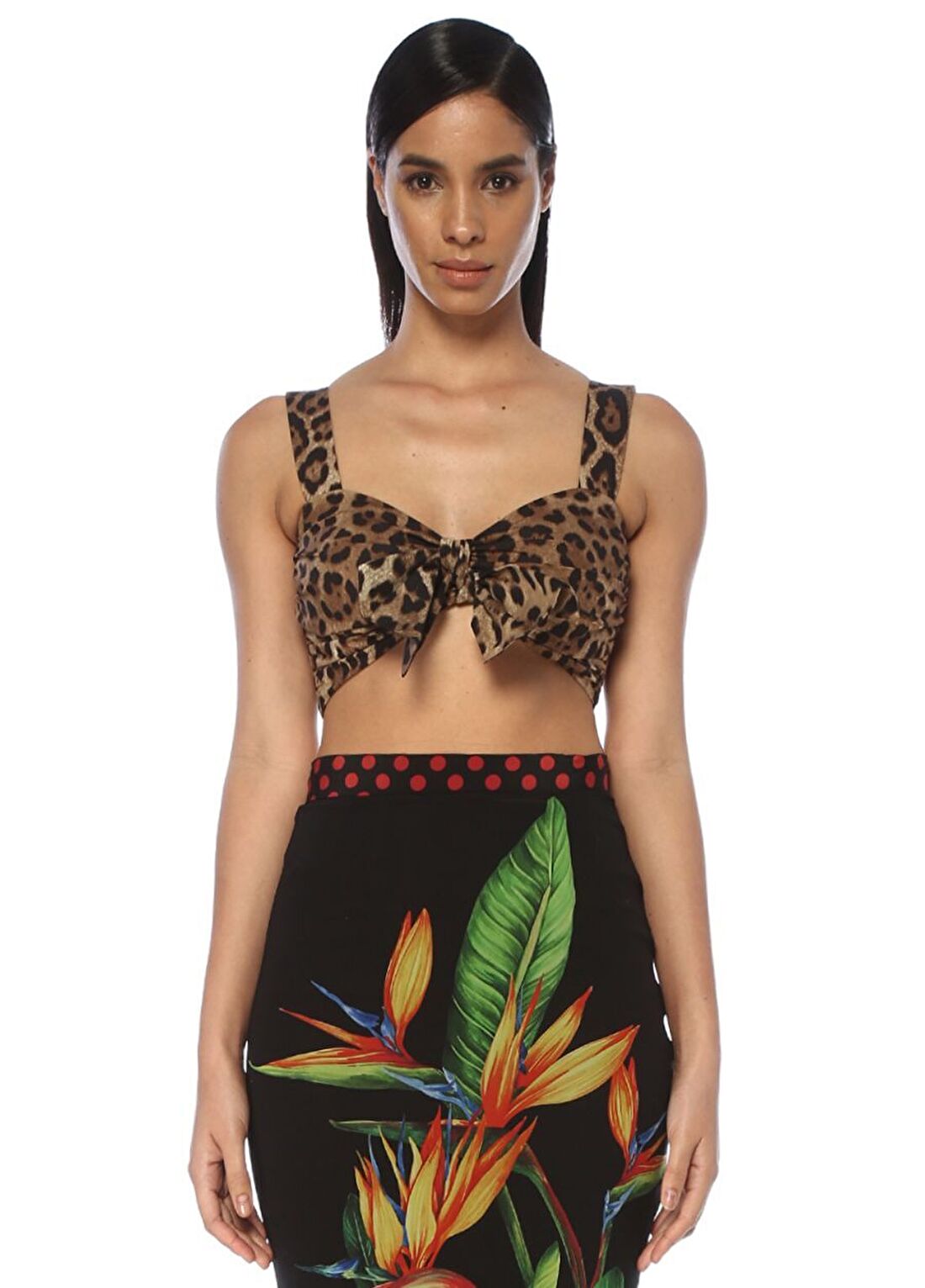 Dolce&Gabbana Kalp Yaka Leopar Desenli Önü Bağcıklı Büstiyer