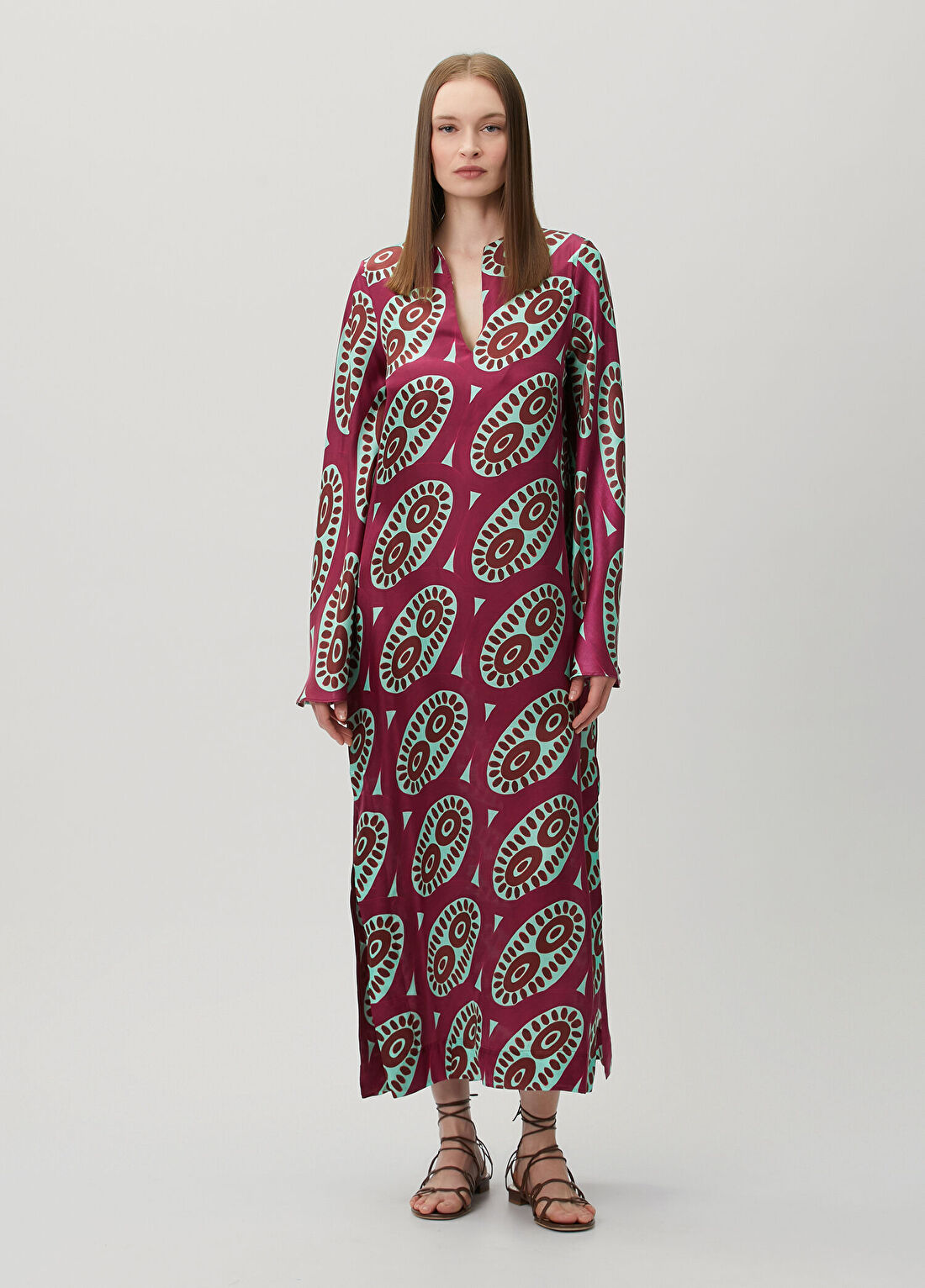 Themisz Selene Fuşya Fuşya Maksi İpek Kaftan Elbise