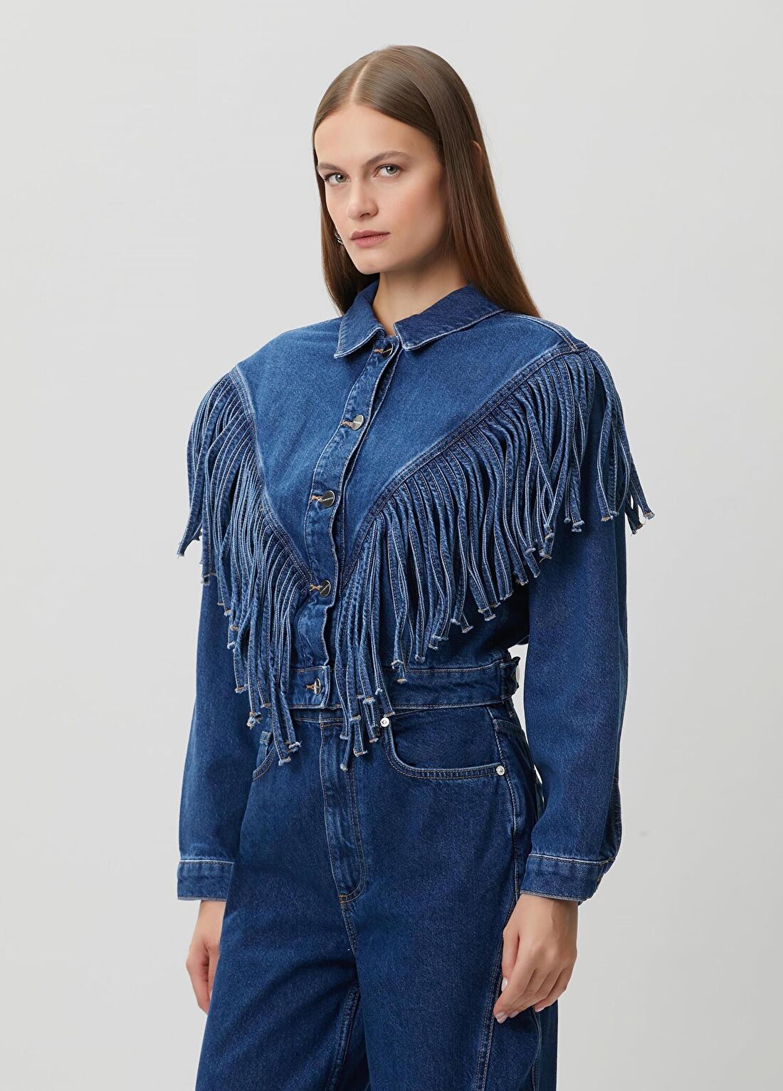 AllSaints Marlene Tassel Mavi Denim Ceket görsel 3