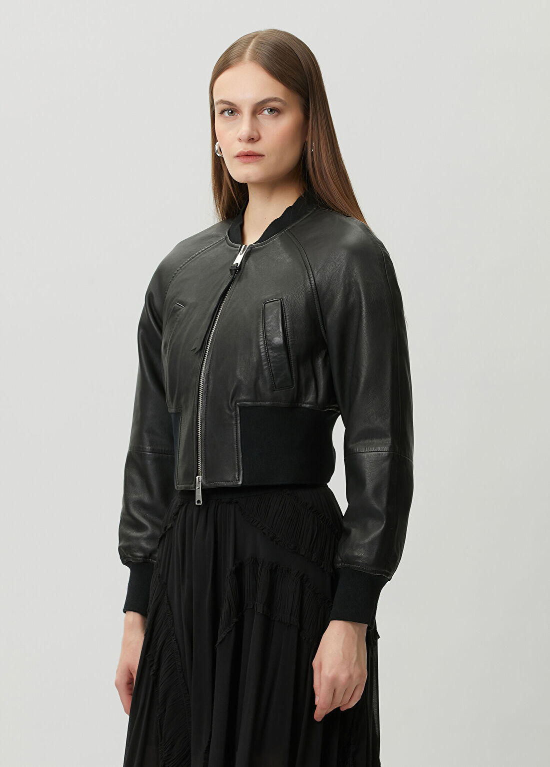AllSaints Suri Siyah Deri Bomber Ceket görsel 3