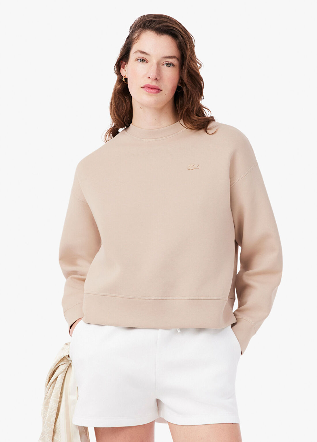 Lacoste Bej Oversize Fit Bisiklet Yaka Uzun Kollu Kadın Sweatshirt