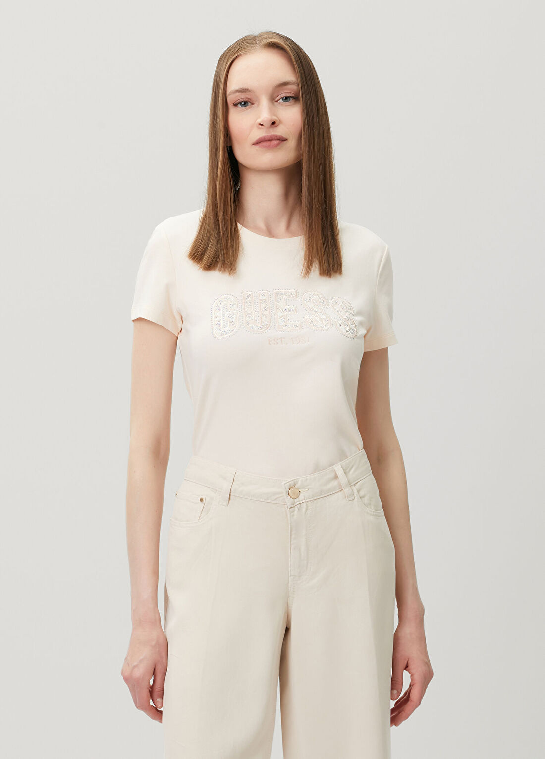 Guess Lace Slim Fit Ekru T-shirt görsel 3