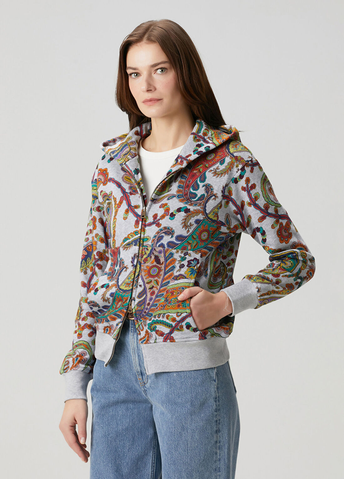 Etro Gri Kapüşonlu Şal Desenli Sweatshirt