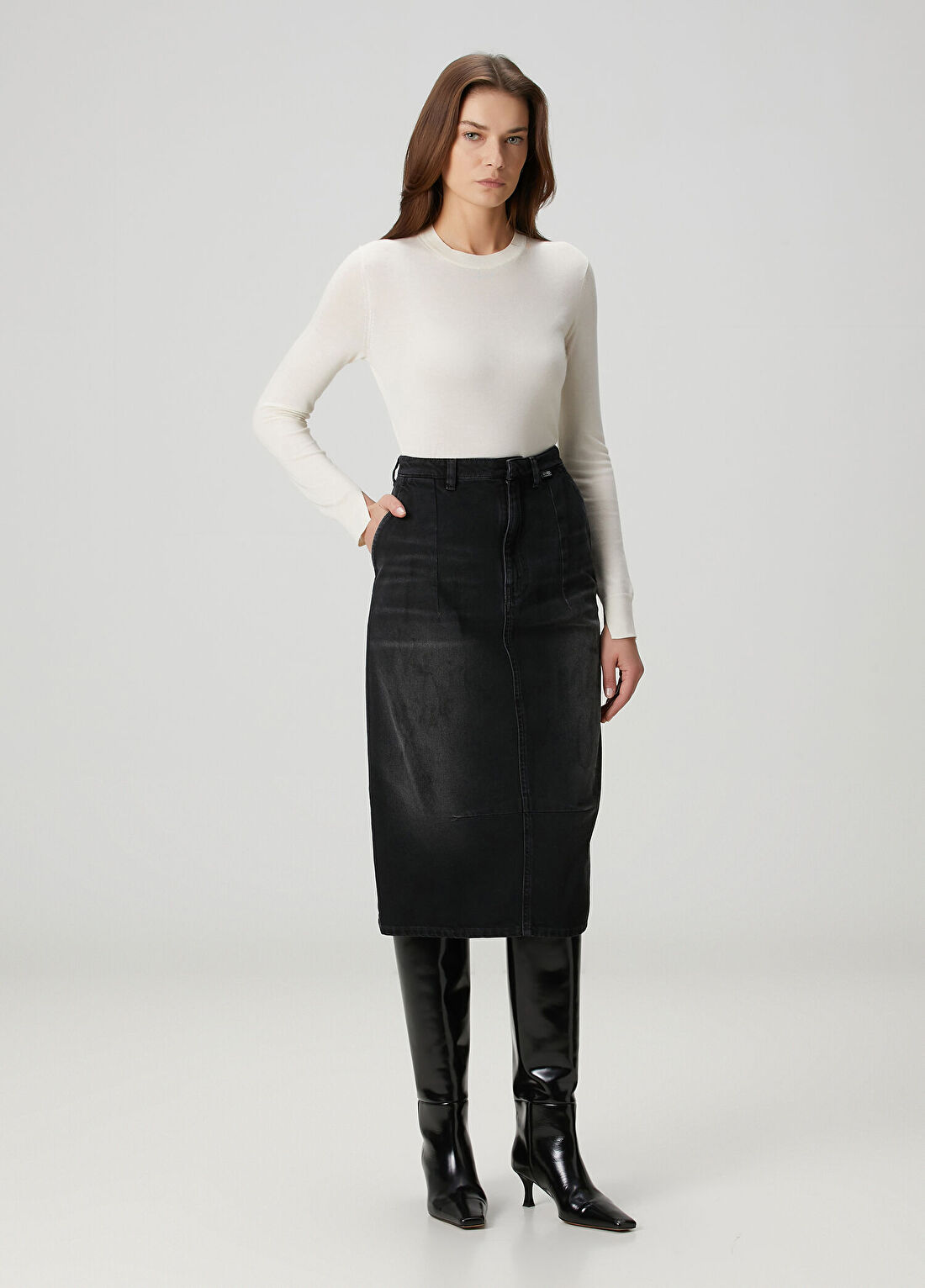 MM6 Maison Margiela Siyah Midi Denim Etek
