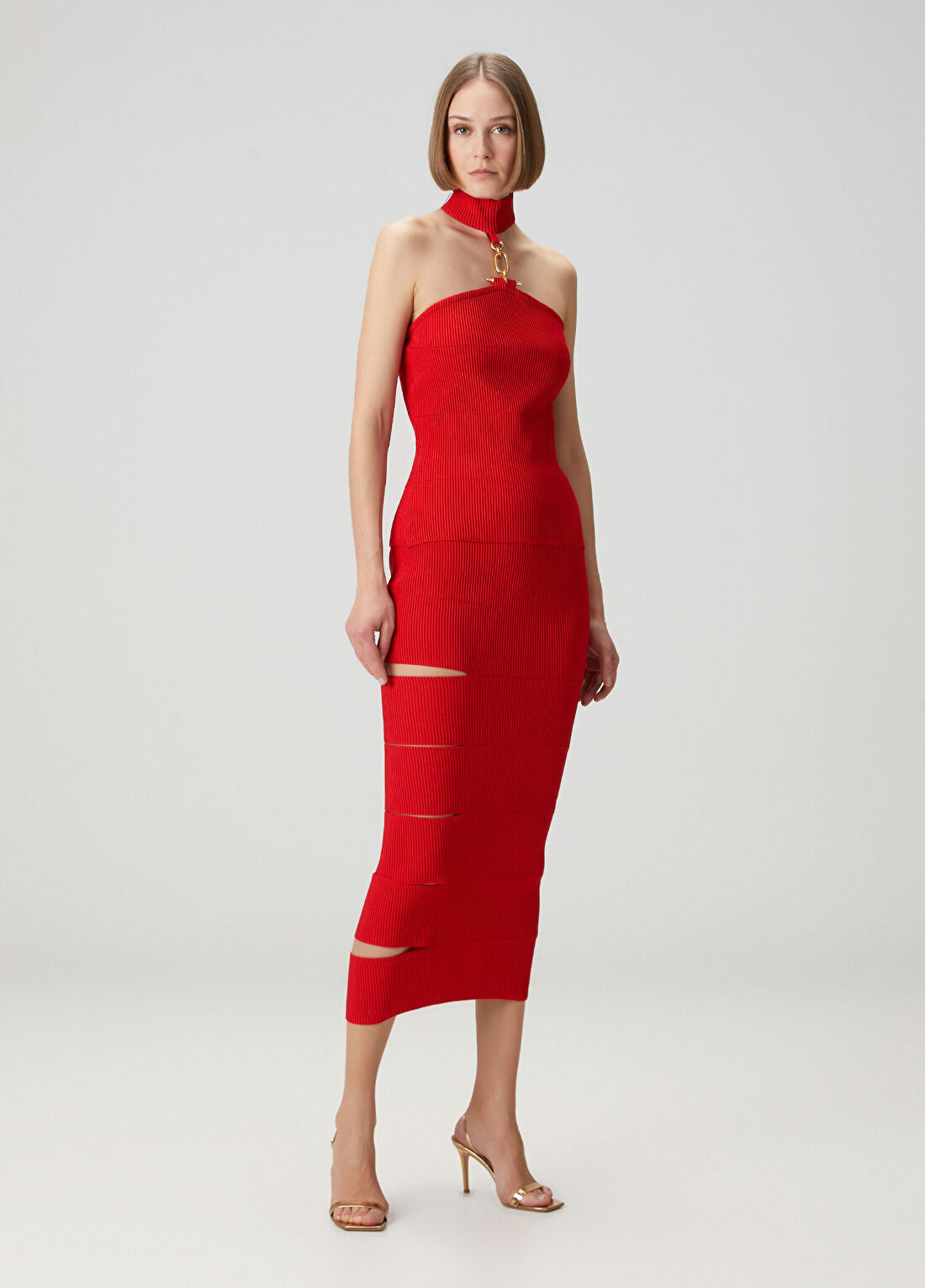 Balmain Kırmızı Cut-Out Detaylı Midi Etek