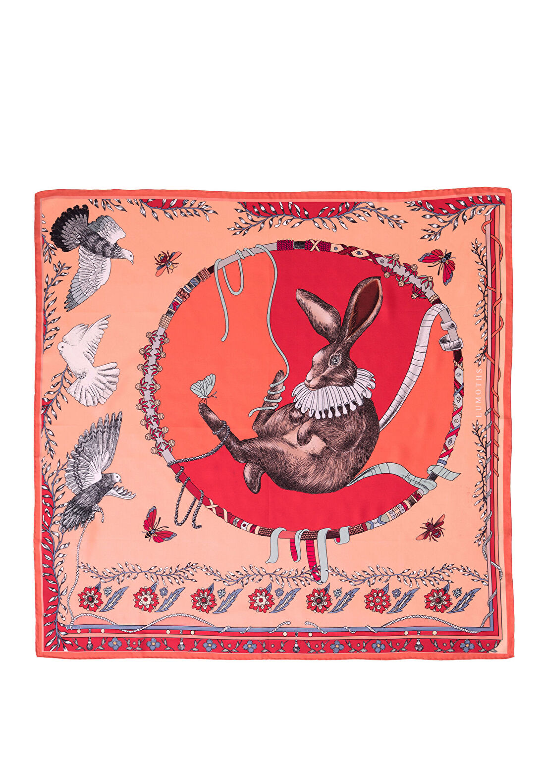 Lumoths Healer Time Tavşan & Güvercinler Toz Pembe İpek Twill Kadın Fular 53 cm